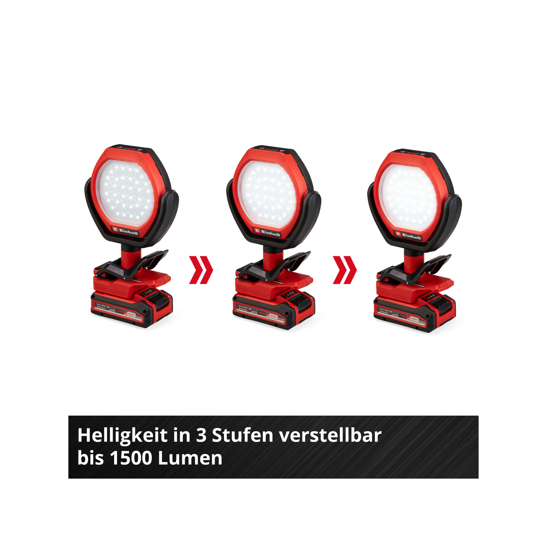 Trzy czerwone akumulatorowe lampy robocze z panelami LED, na białym tle.