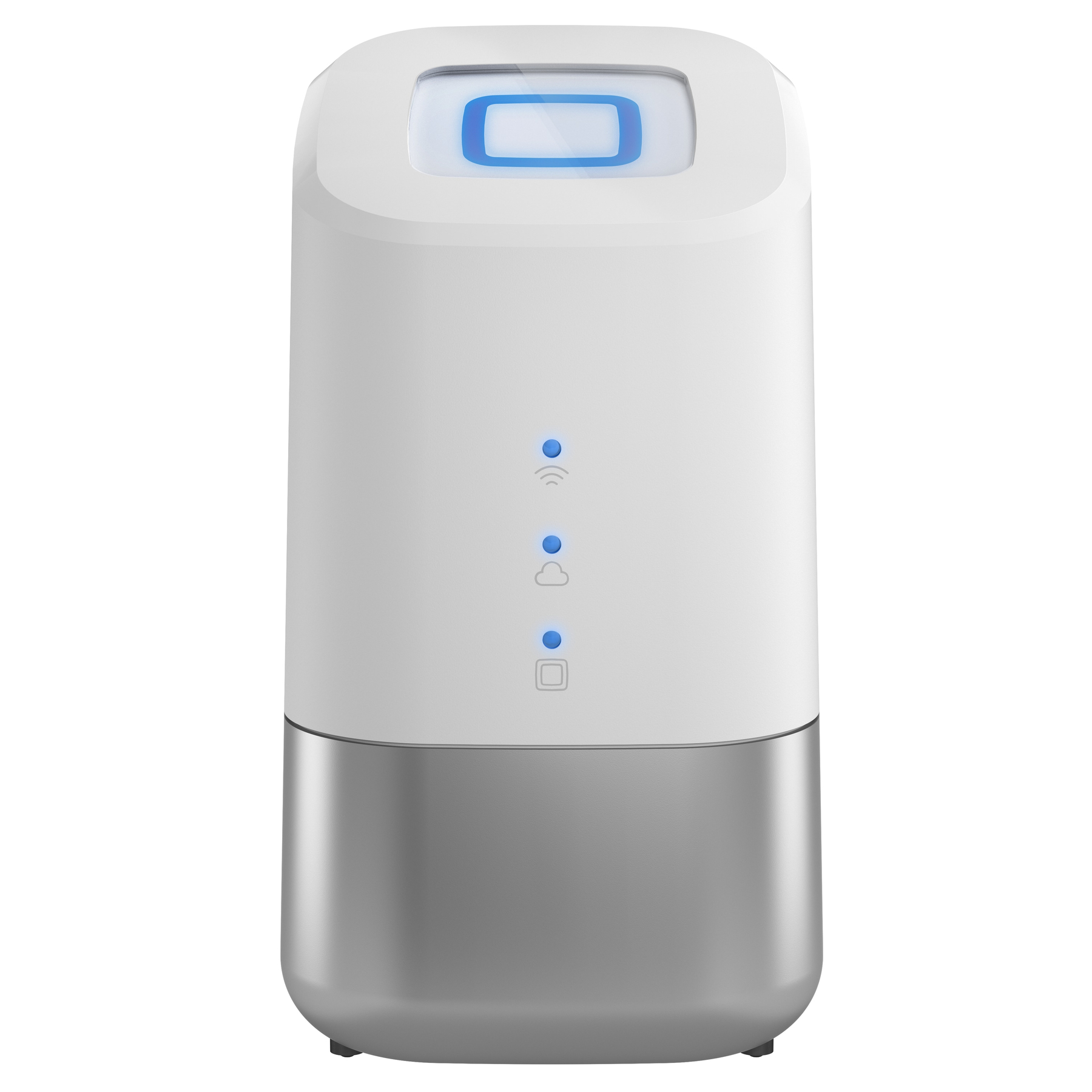 Biało-srebrny router z niebieskimi światłami na górze i wskaźnikami z przodu.