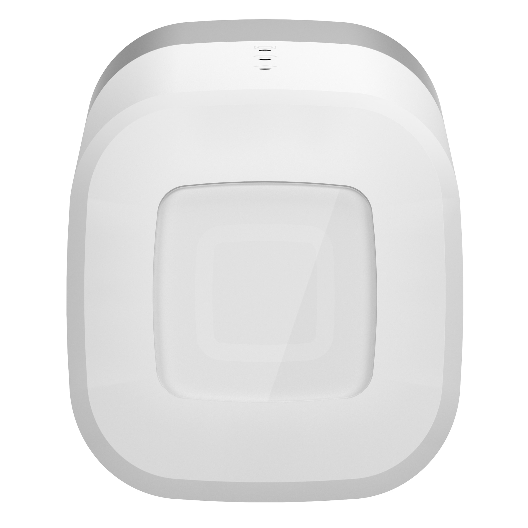 Białe, kwadratowe urządzenie z zaokrąglonymi rogami i przezroczystym środkiem.