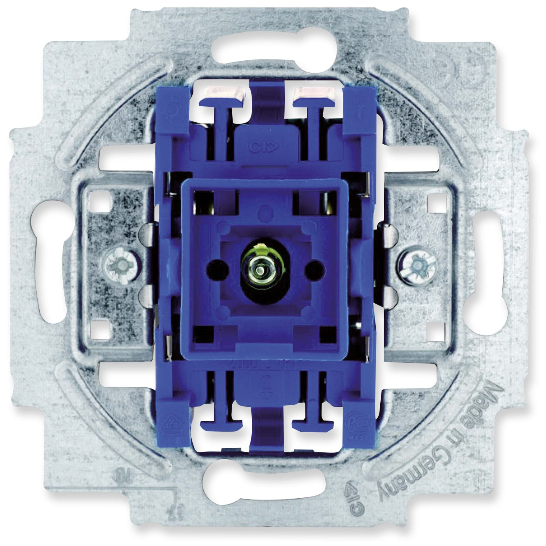 Primo piano di un interruttore elettrico con plastica blu e telaio in metallo.