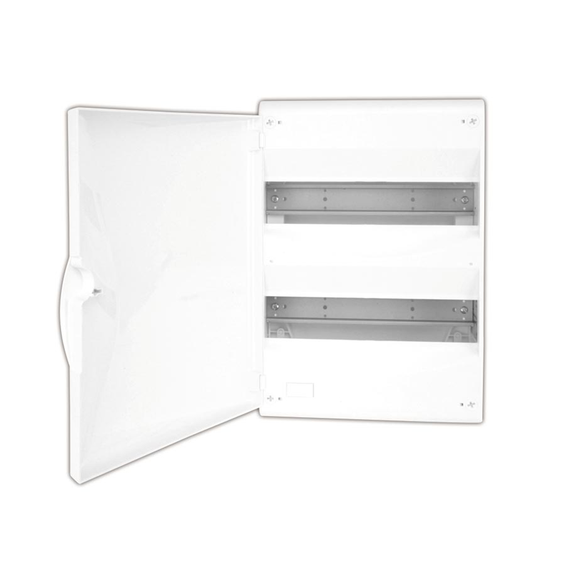 Un quadro elettrico bianco aperto con guide interne.