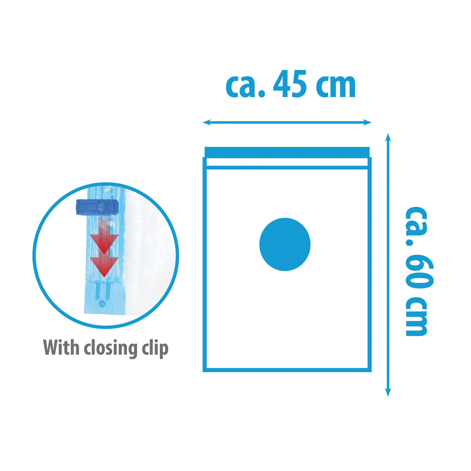 Beutelmaße ca. 45x60 cm mit blauem Clip und rotem Pfeil-Symbol.