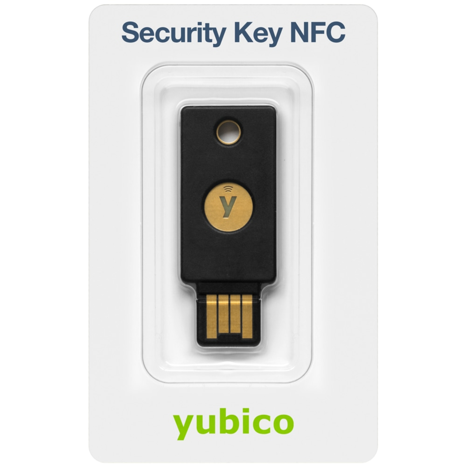 Schwarzer YubiKey NFC Sicherheitsschlüssel in weißer Verpackung mit Logo.