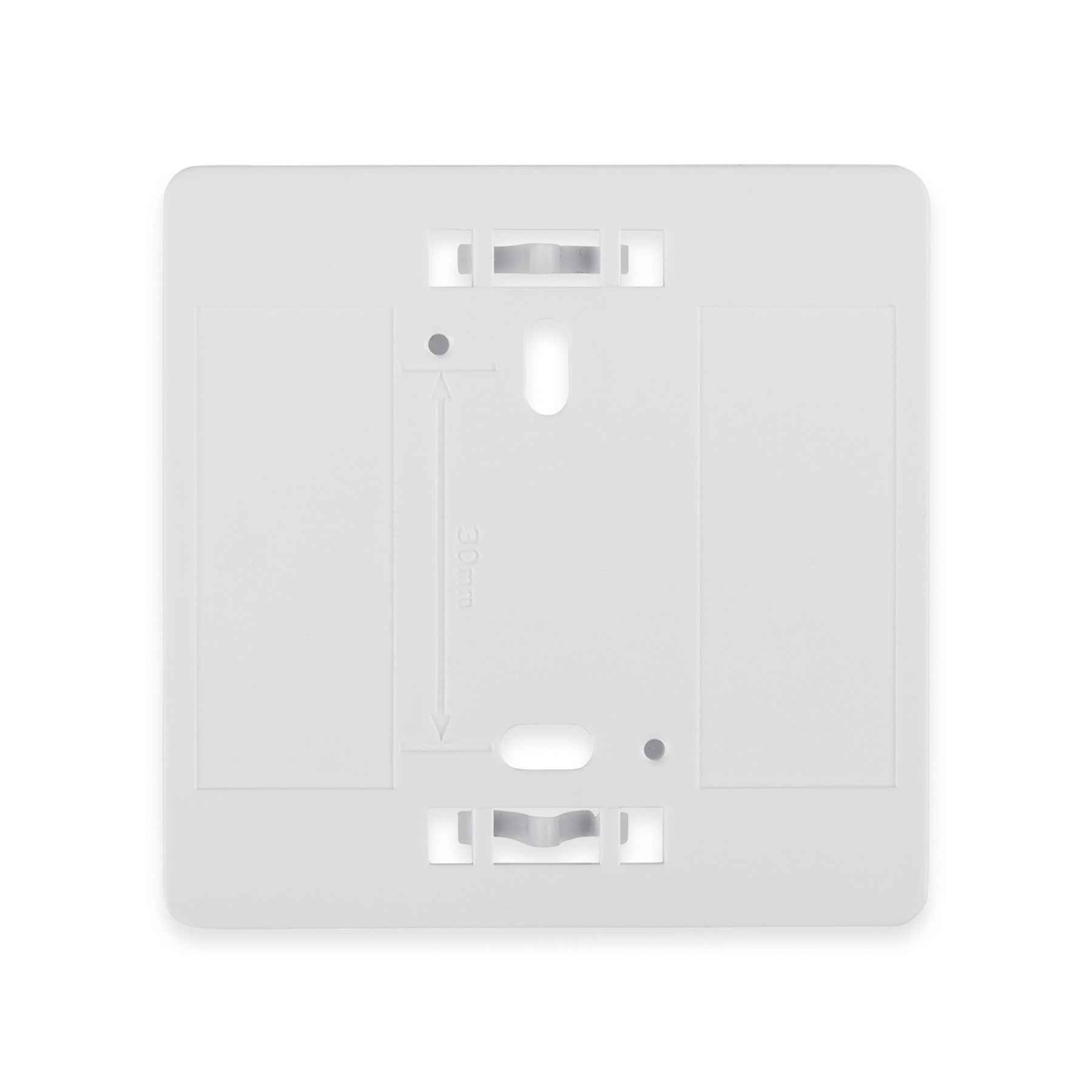 Biała płyta montażowa z nacięciami i oznaczeniem 30 mm.