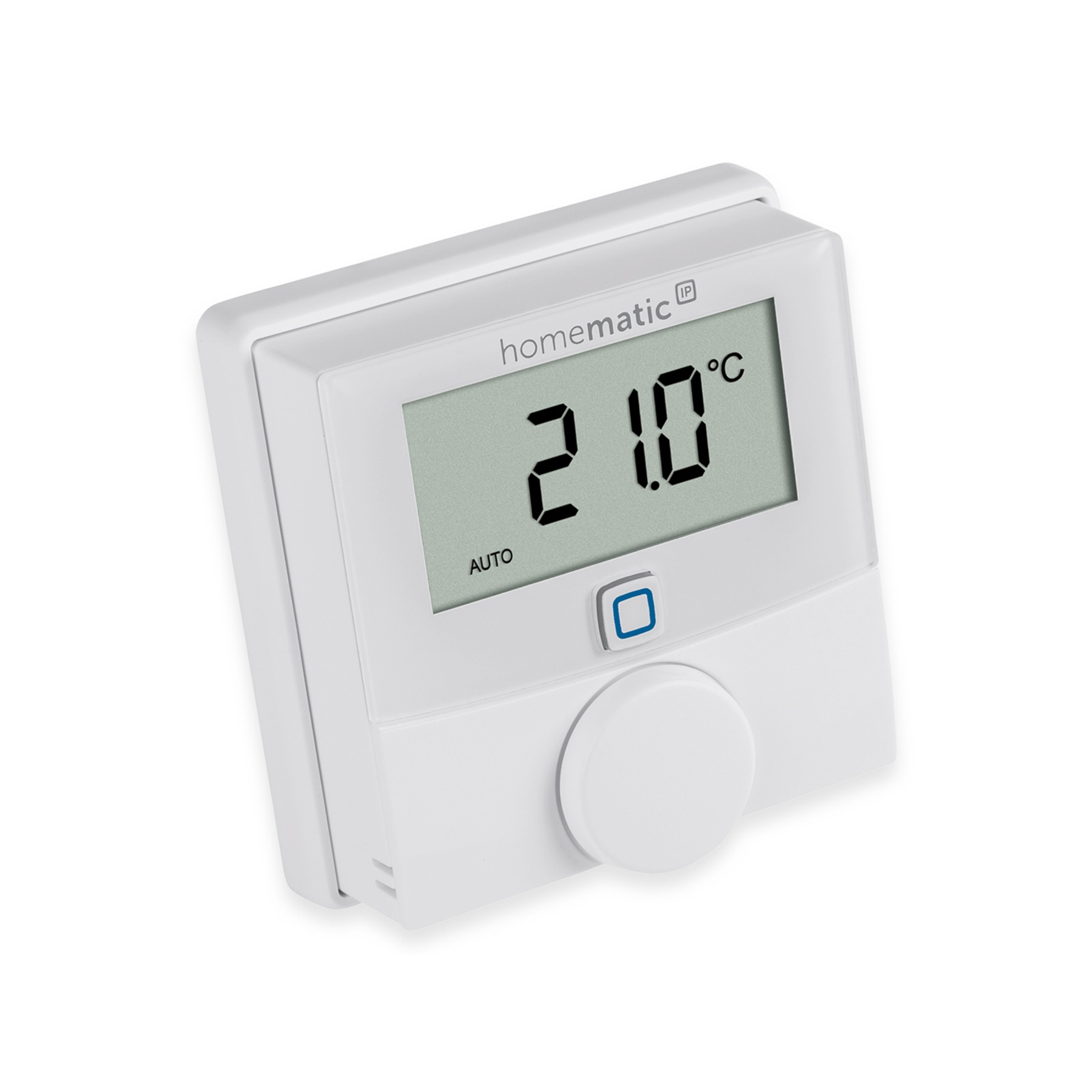 Biały termostat cyfrowy wyświetla 21.0°C i AUTO.