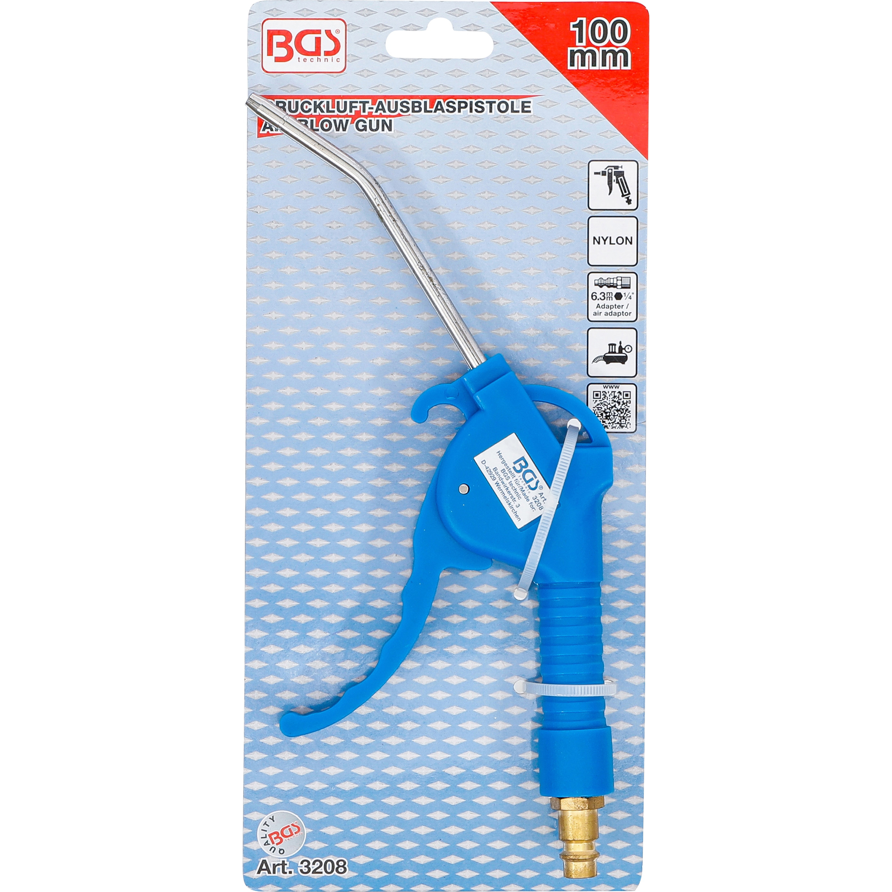 Blaue Druckluft-Ausblaspistole mit silberner Düse und Griff auf bedrucktem Karton.