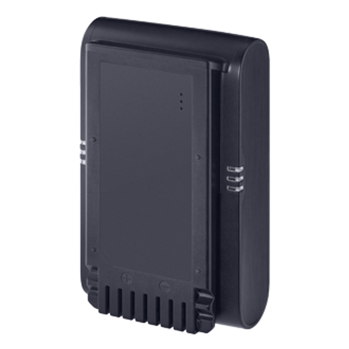 Batteria grigio scuro con tre puntini in alto e indicatori di carica in basso.