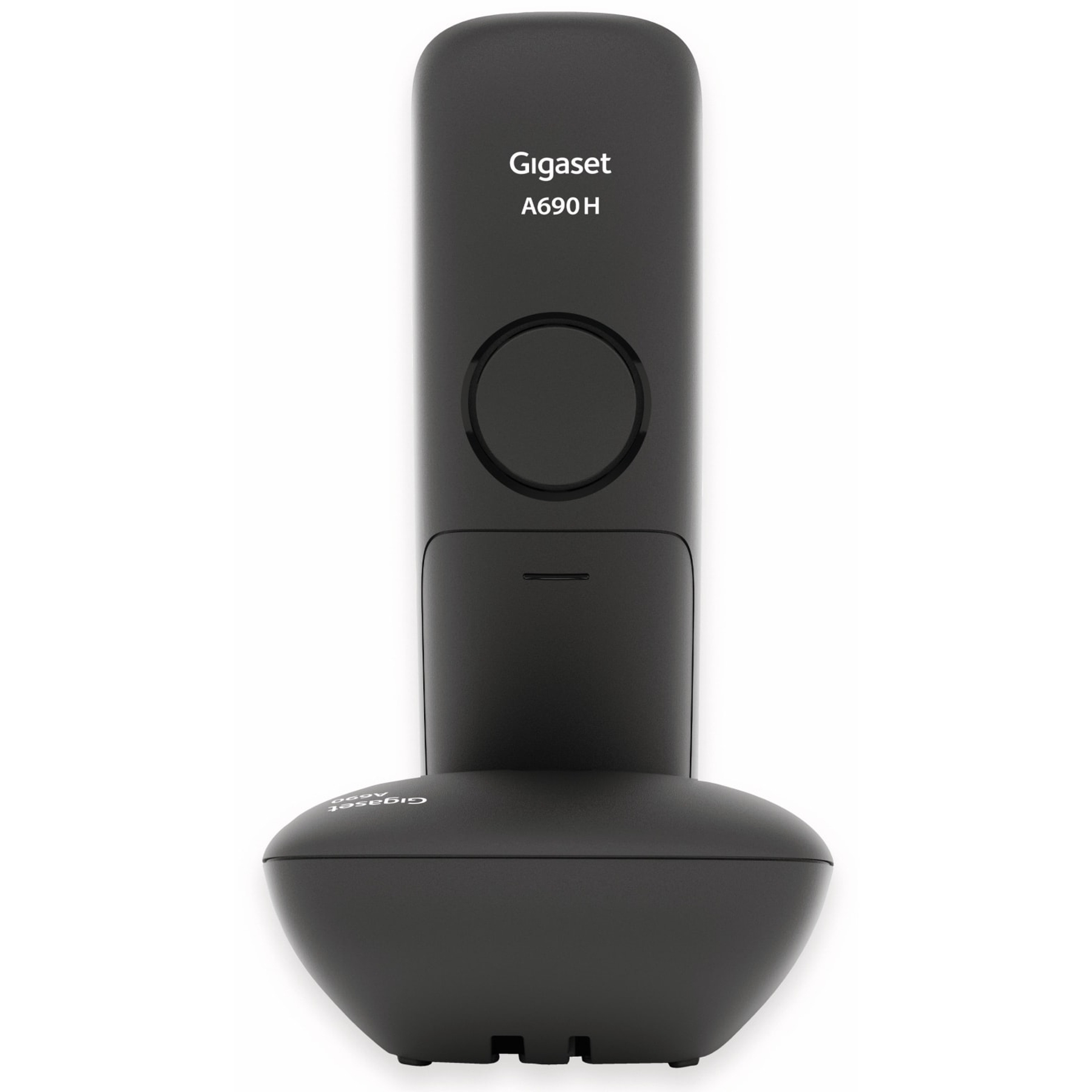 Un teléfono inalámbrico Gigaset A690 H negro con su base.