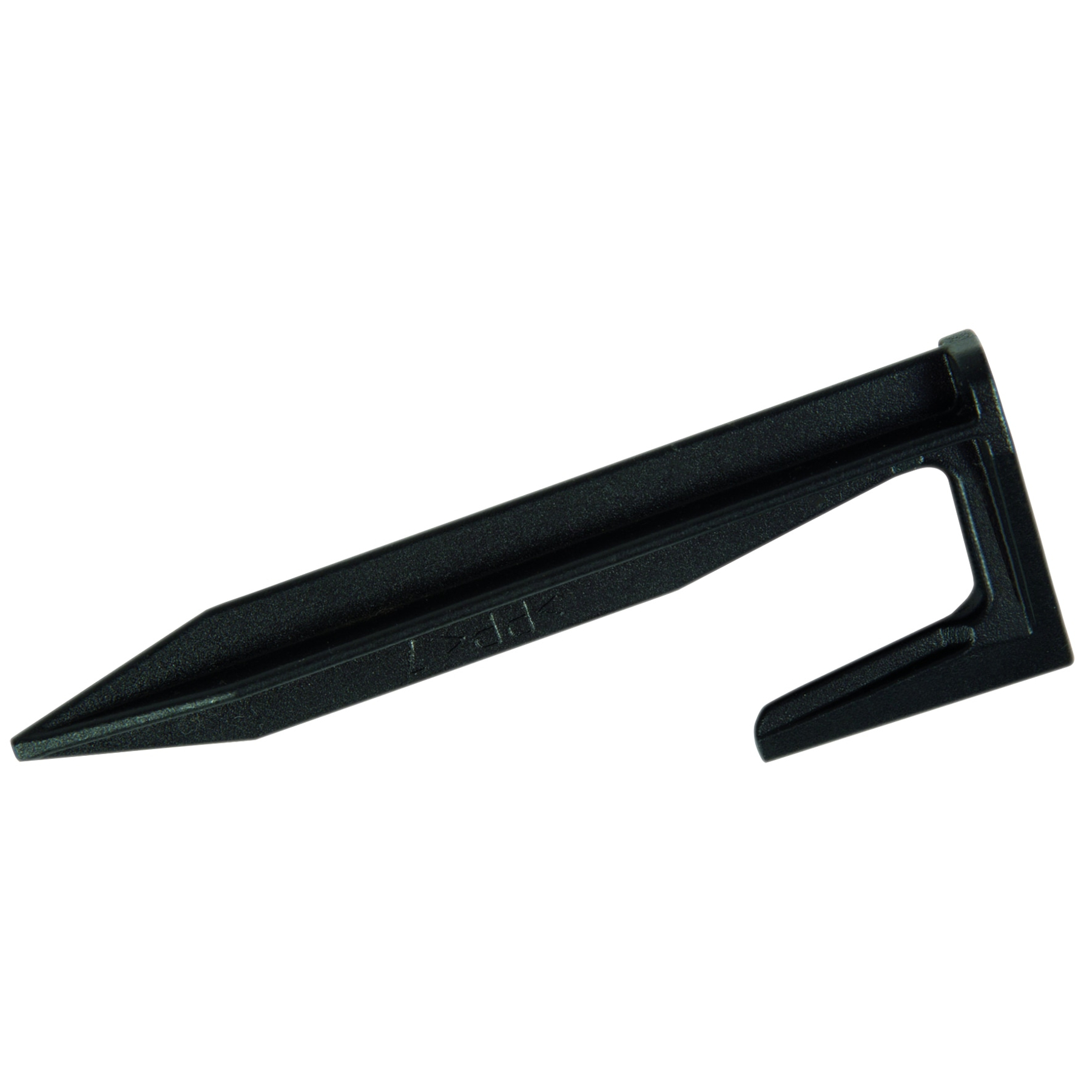 Czarny plastikowy szpilka do ziemi z ostrym końcem i hakiem.