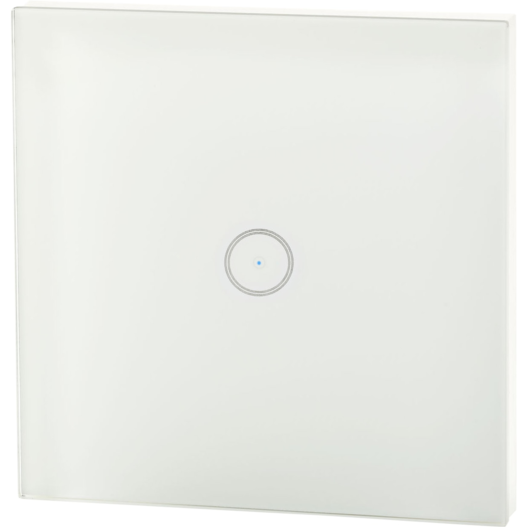 A white light switch with a blue dot in the center.