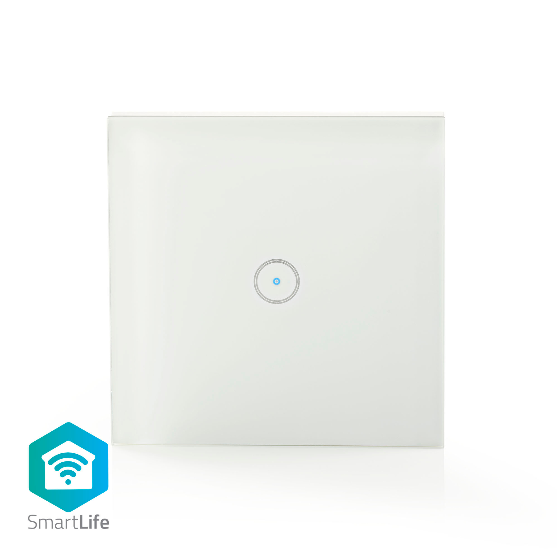 A white smart home light switch with a blue circle in the center.