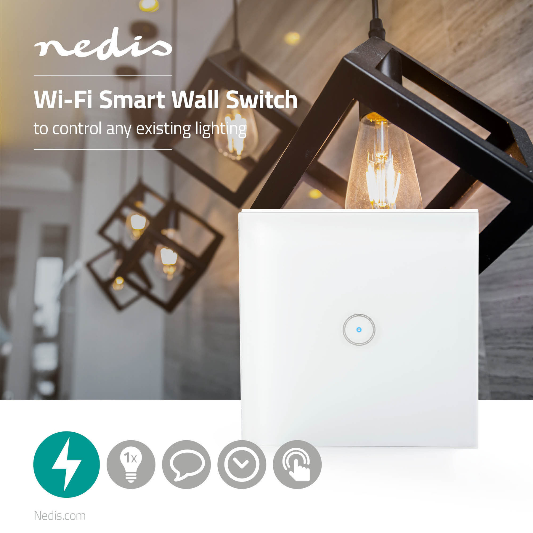 A white wall switch with a blue light, icons and text beside it.