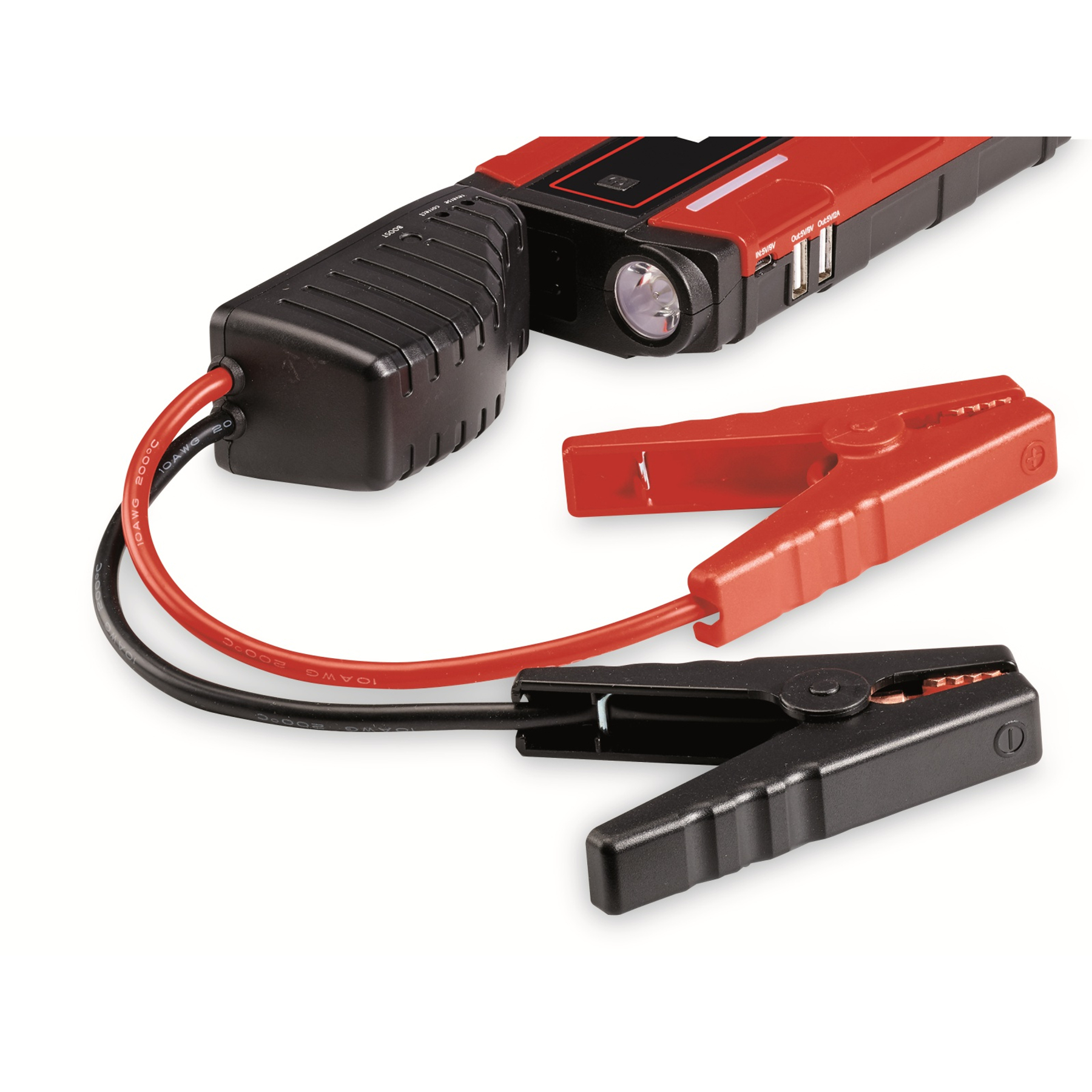 Un conector de cable de arranque rojo y negro con pinzas y un banco de energía.