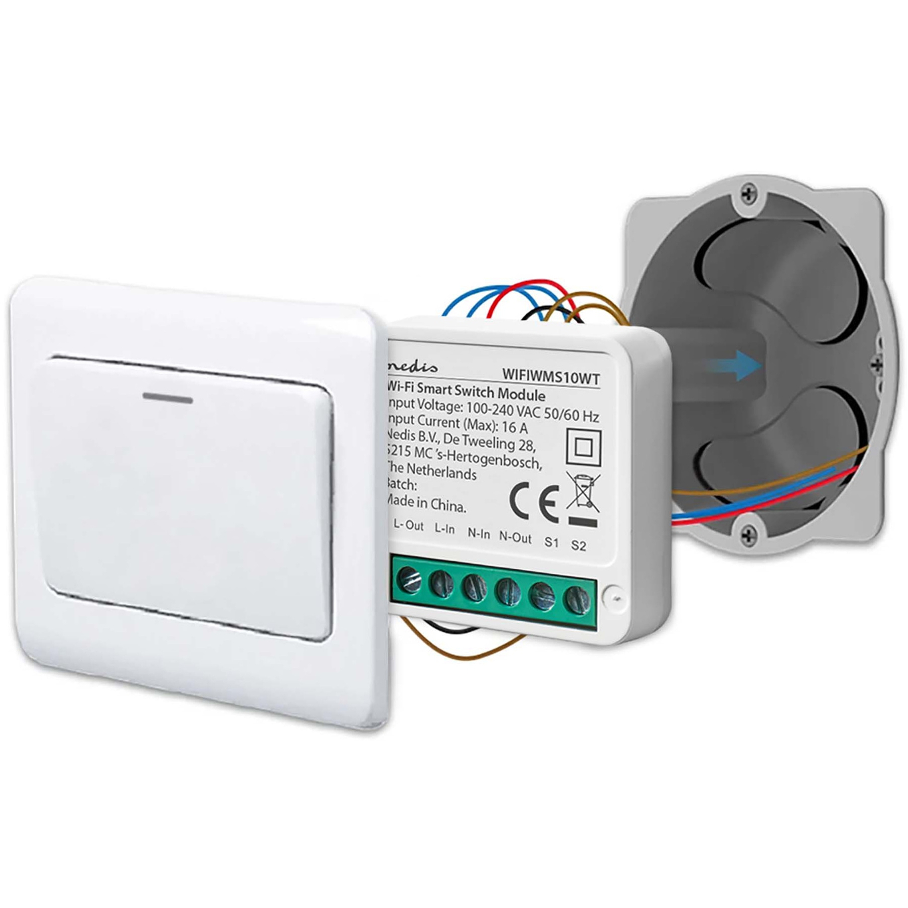 Een witte wandschakelaar naast een Wi-Fi smart switch module met draden.
