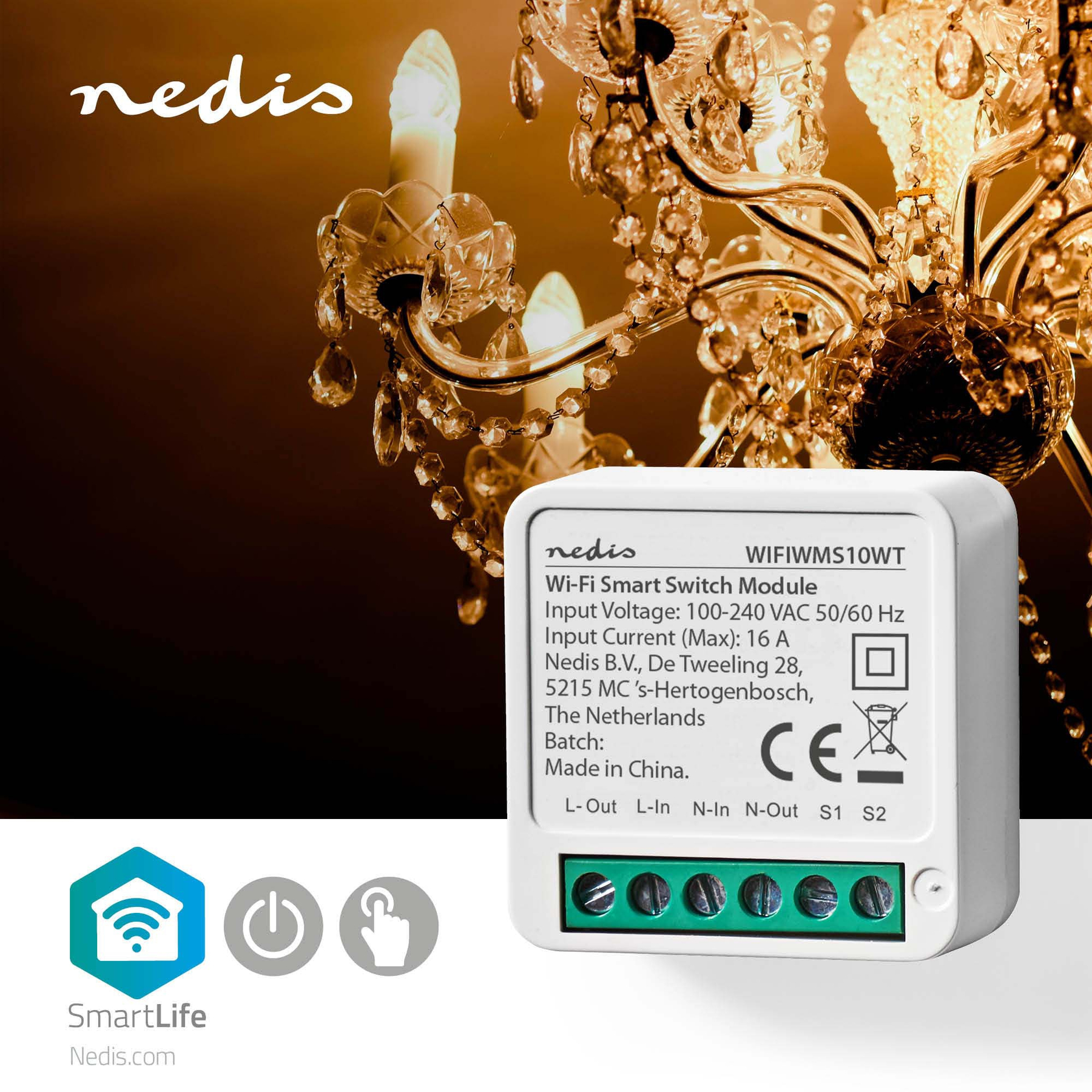 Nedis Wi-Fi Smart Switch Module met label, CE-markering en connectoren.