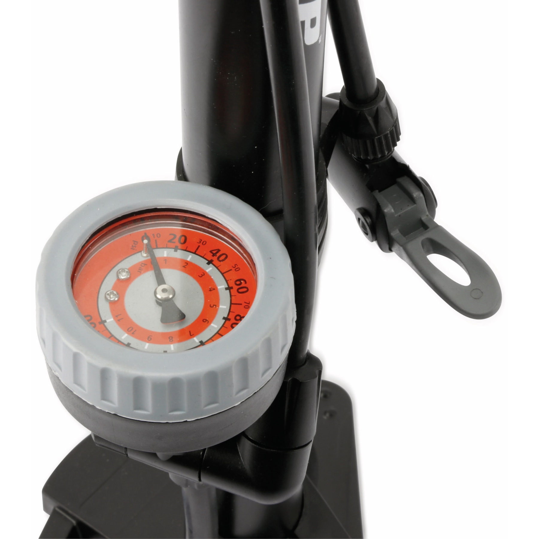 Close-up of a black bicycle pump handle with a pressure gauge.