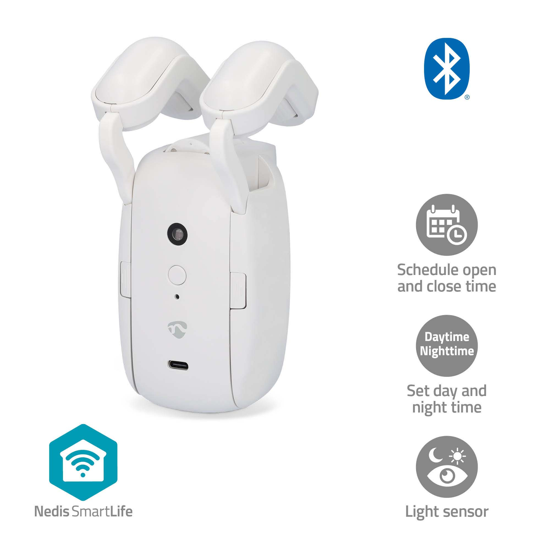 Dispositivo bianco con due testine regolabili, simbolo Bluetooth e icone.