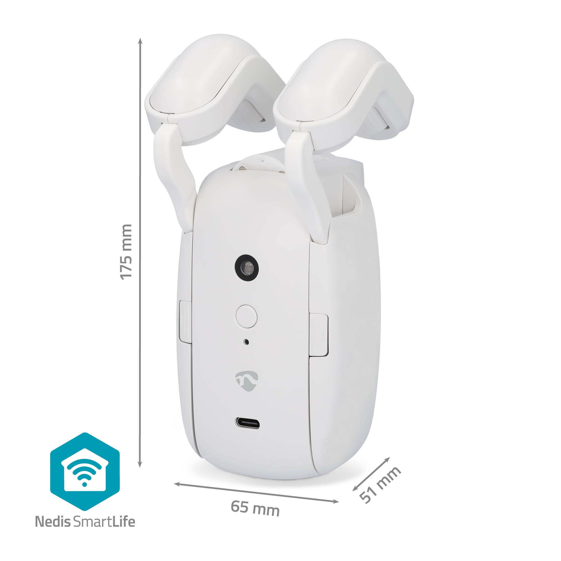 Un dispositivo bianco per la casa intelligente con due luci regolabili.