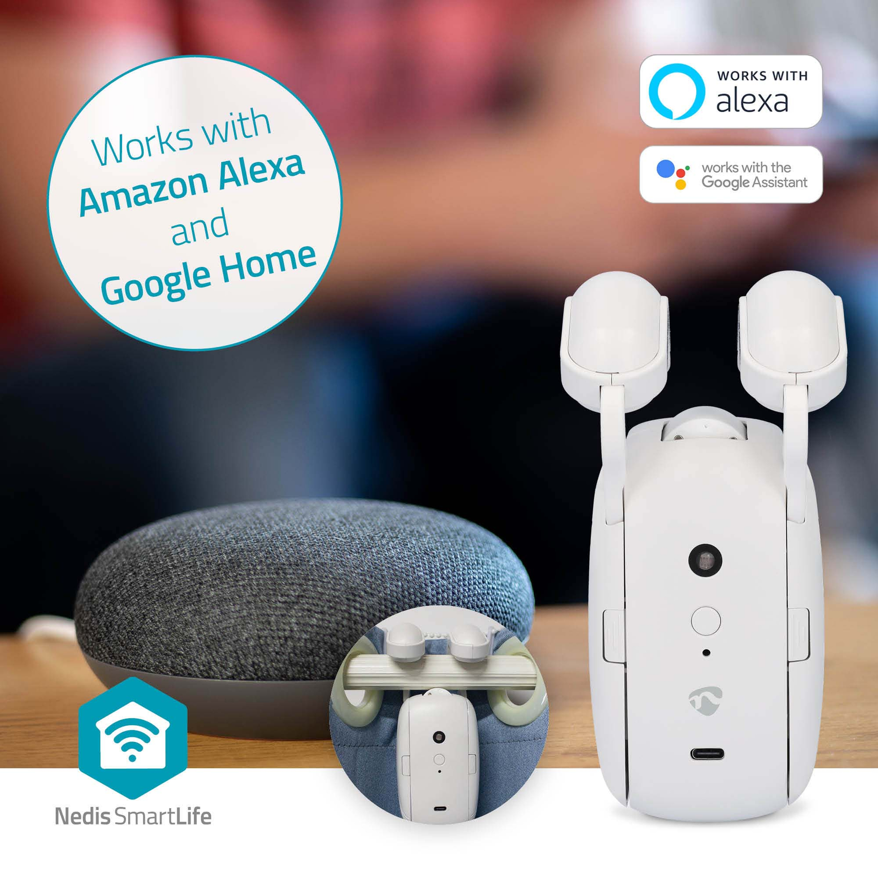 Un Google Home, un motore per tende bianco e loghi Alexa/Google Assistant.