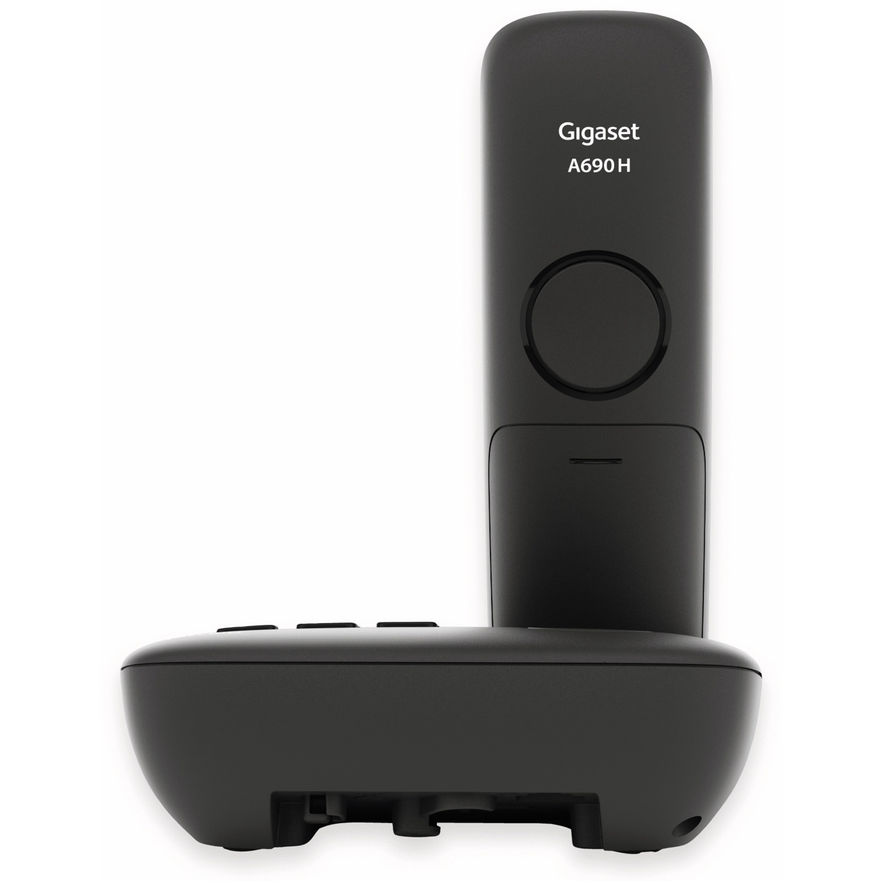 Un telefono cordless Gigaset A690 H nero su sfondo bianco.