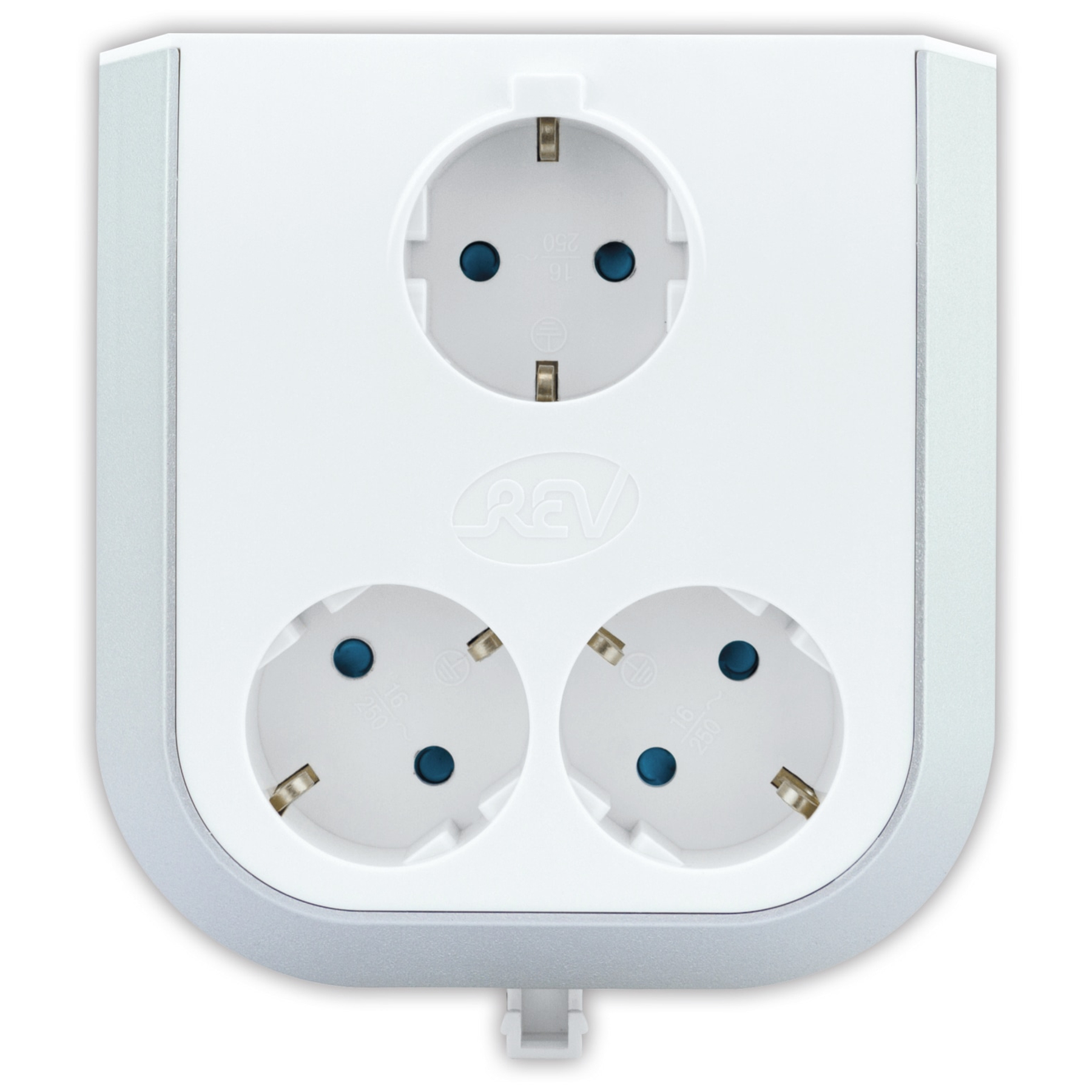 Un adattatore bianco multipresa con tre prese.