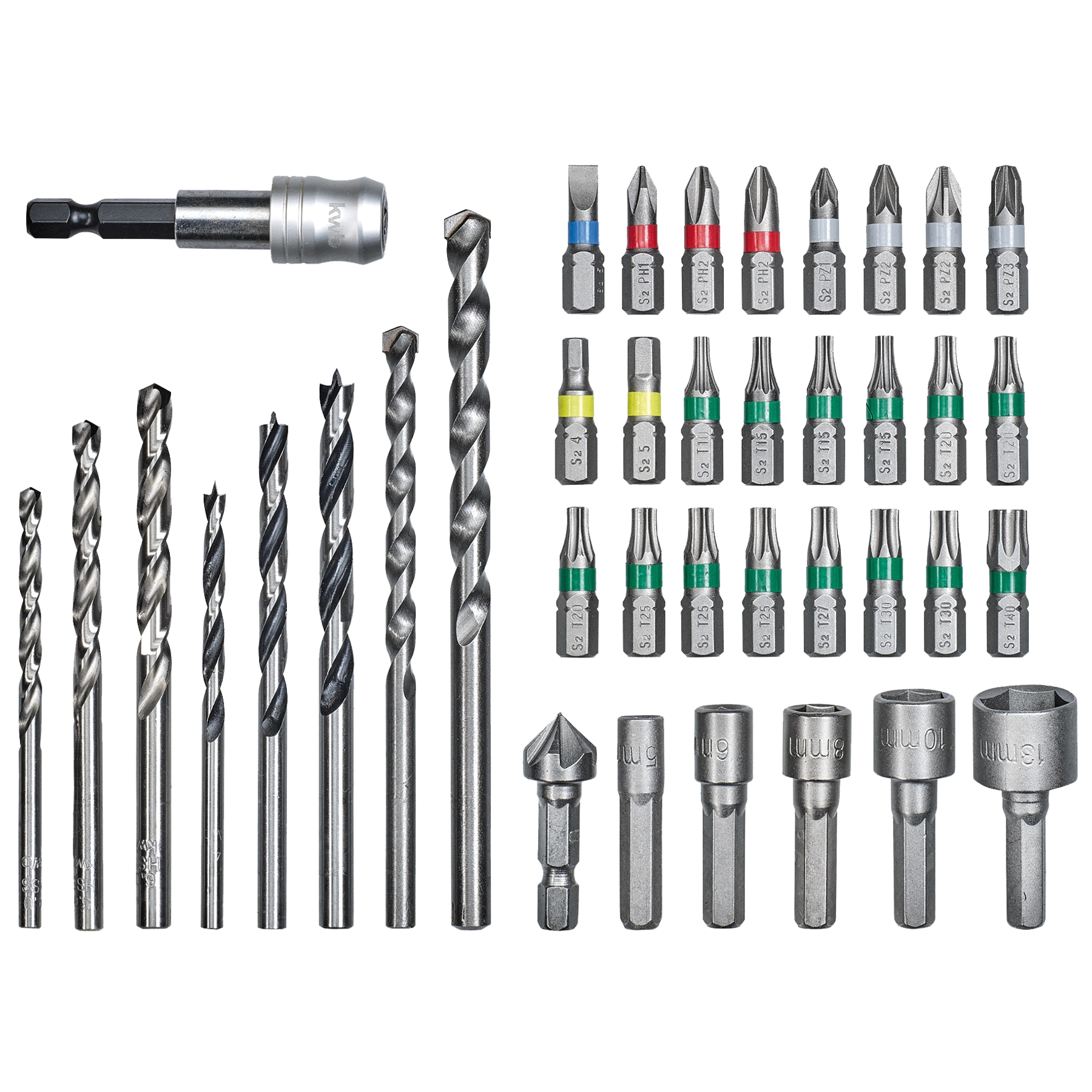 Werkzeug-Set mit Bohreraufsätzen, Schraubendreherbits und Steckschlüsseln.