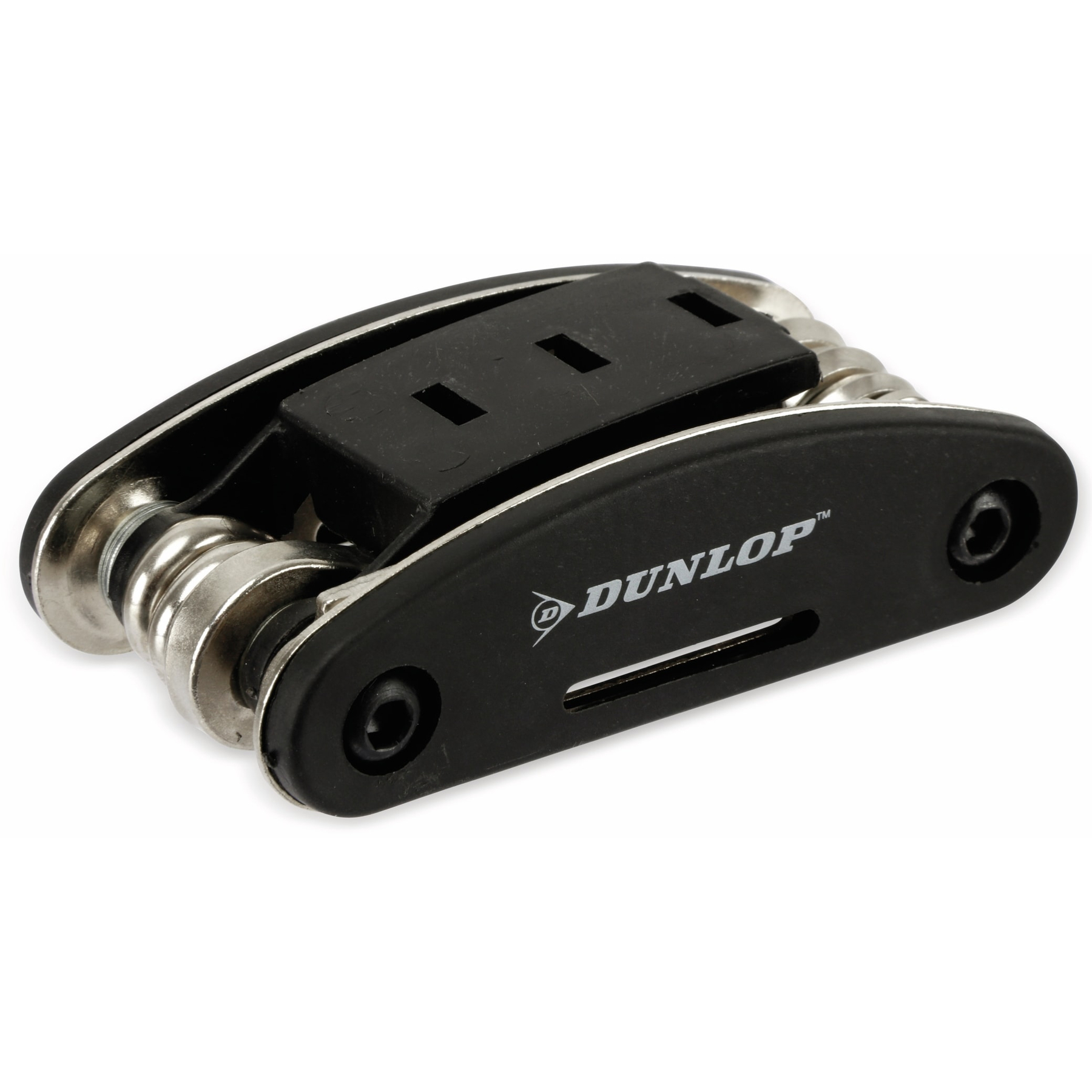 Ein schwarzes Multitool mit silbernen Werkzeugen und dem Dunlop-Logo.