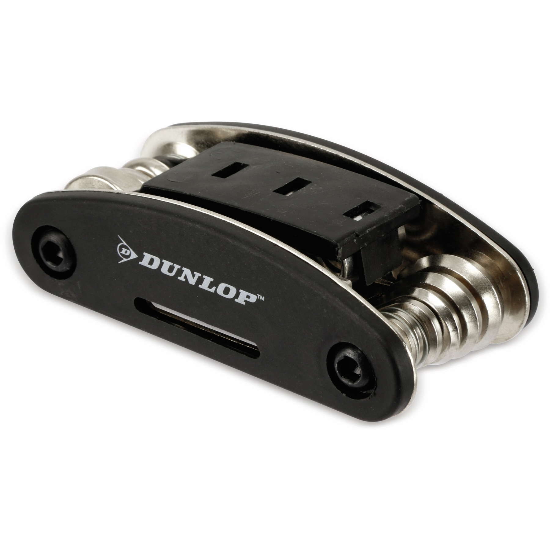 Schwarzes Multitool mit silbernen Bits und Dunlop-Logo.