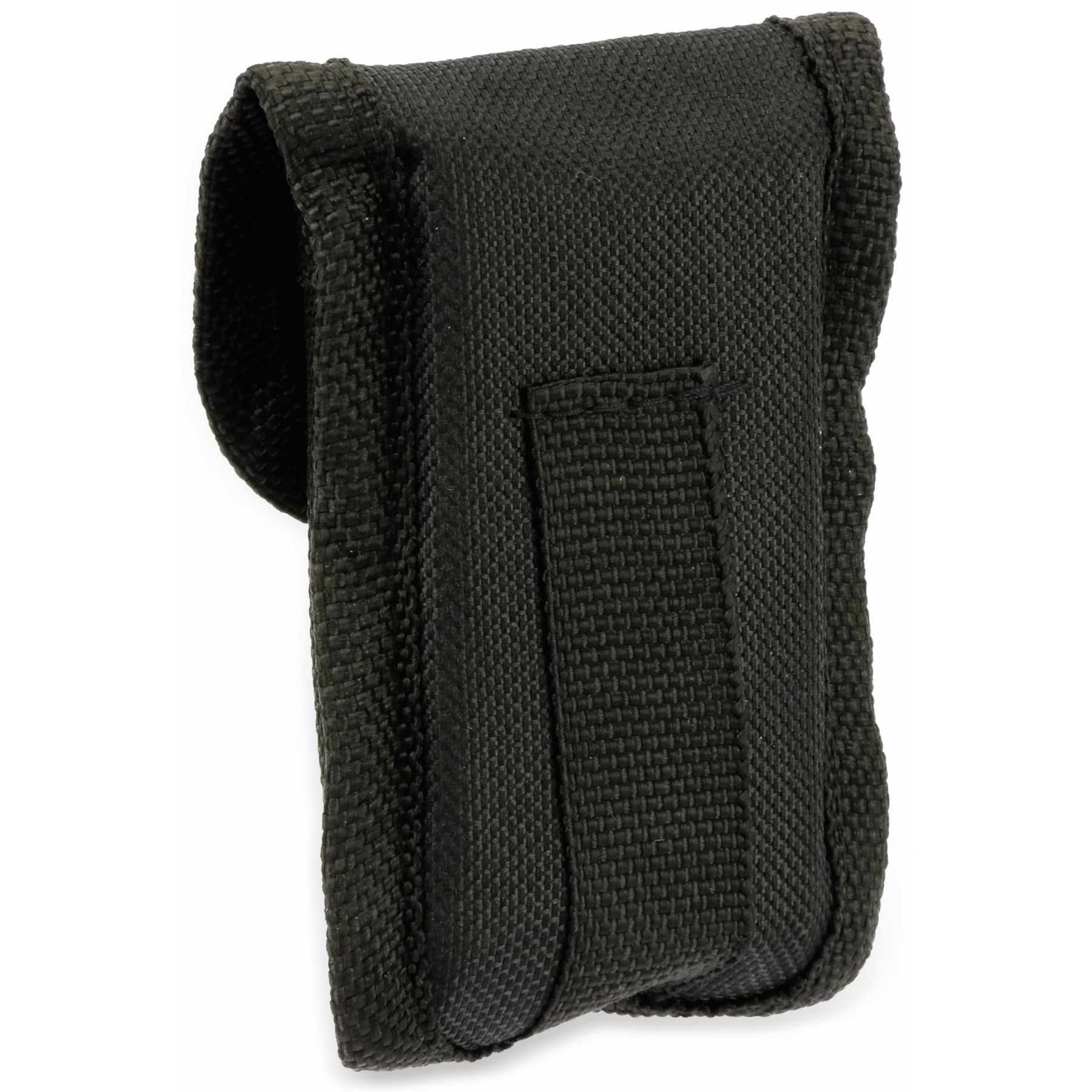 Schwarze Stofftasche mit Schlaufe und Klettverschluss. Klare weiße Hintergrund.