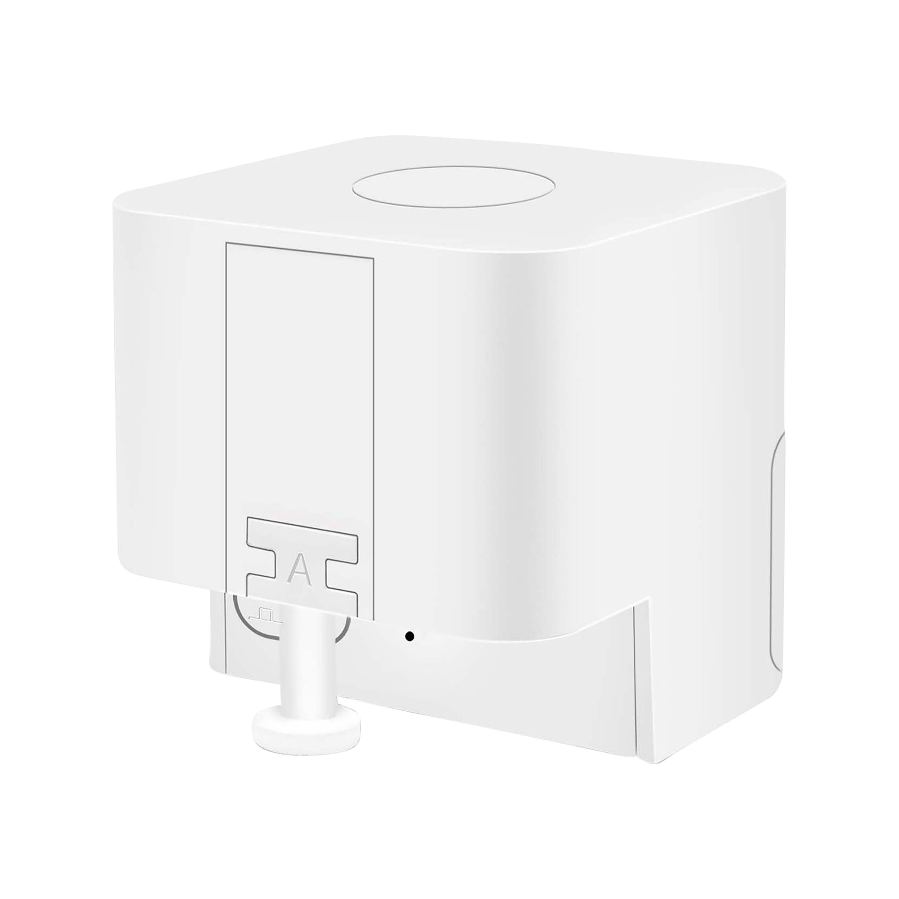 Un sensore bianco a forma di cubo con un ritaglio circolare sulla superficie superiore.