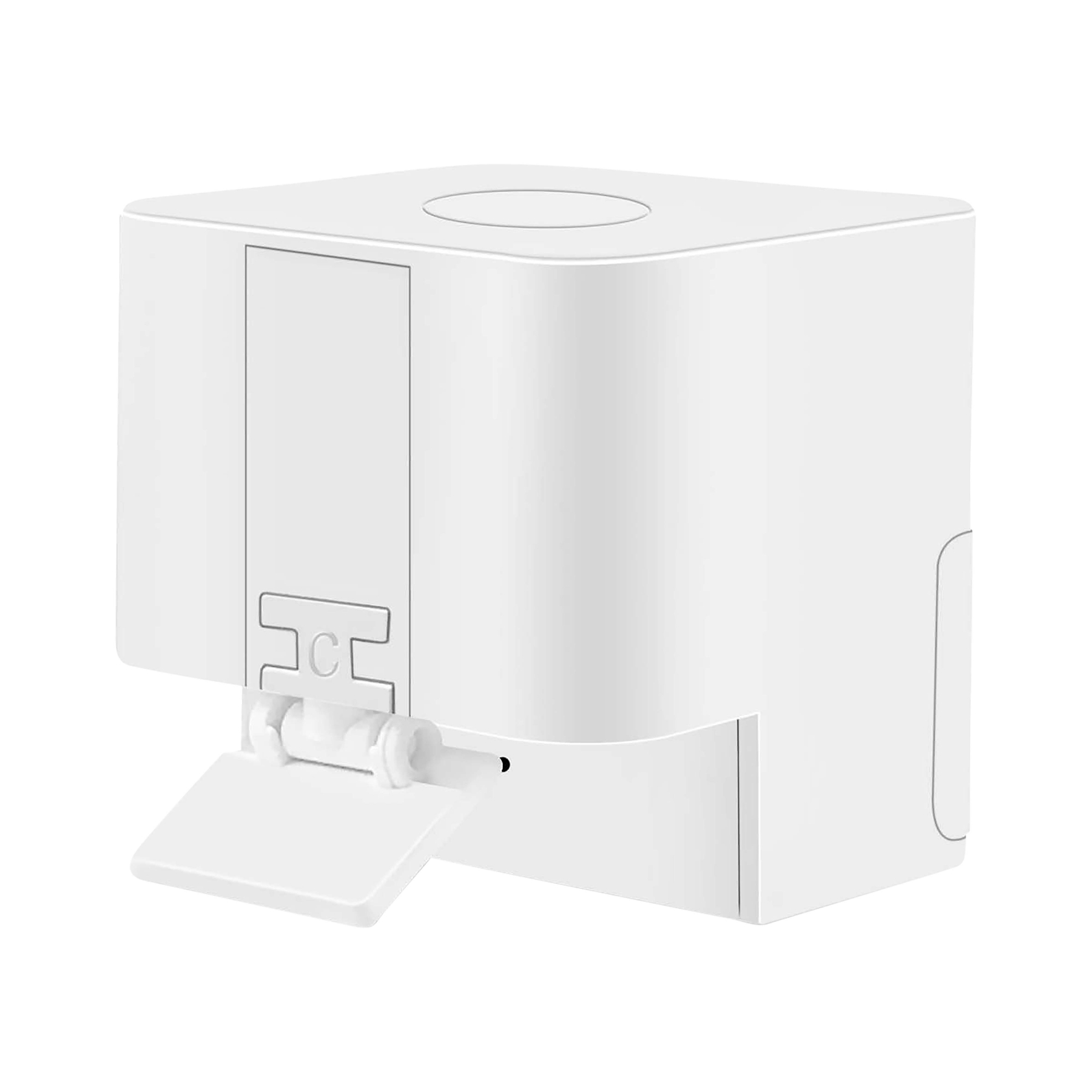 Un cubo bianco e compatto con uno sportello e una fessura.