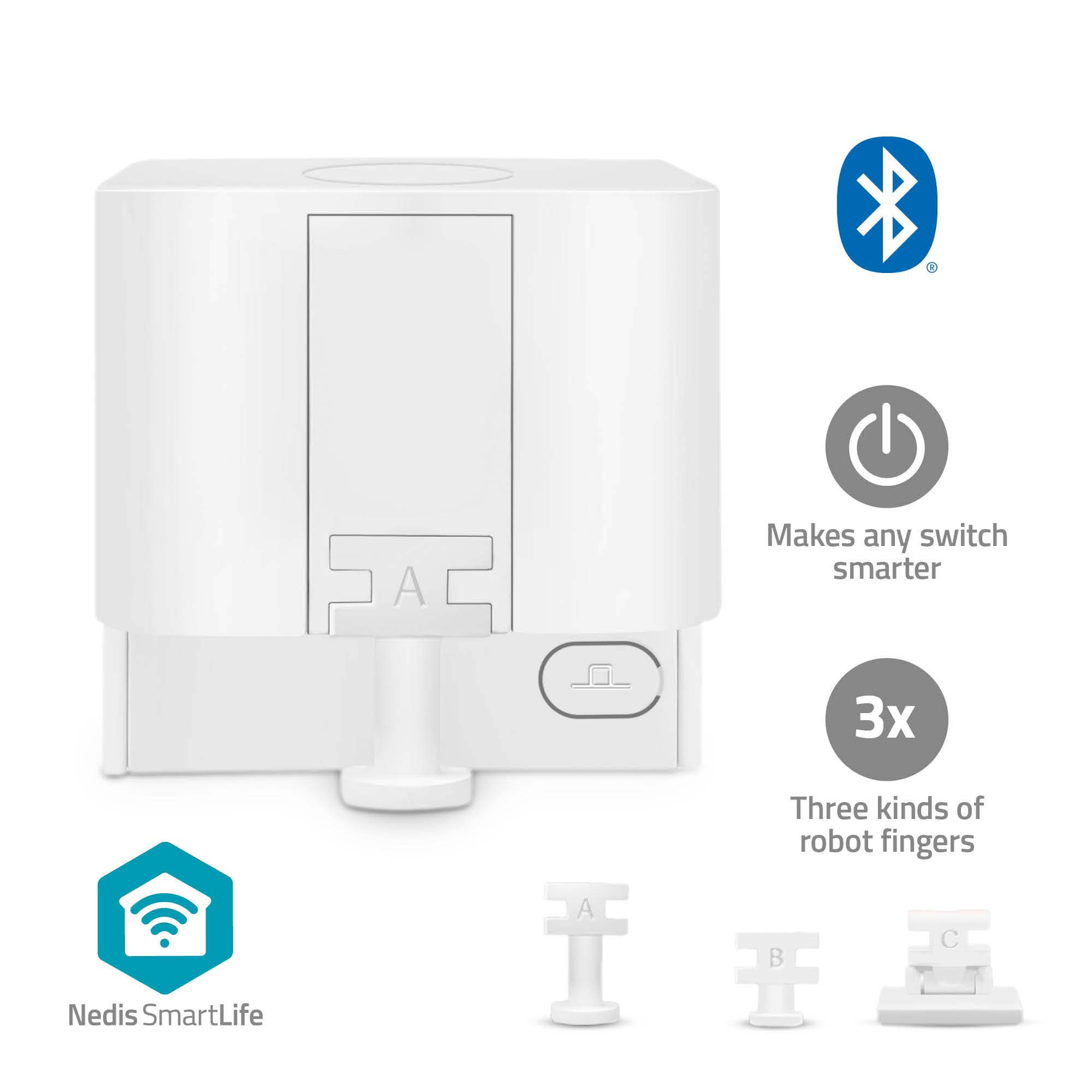 Un braccio robotico per interruttori bianco con loghi Bluetooth e Nedis SmartLife.