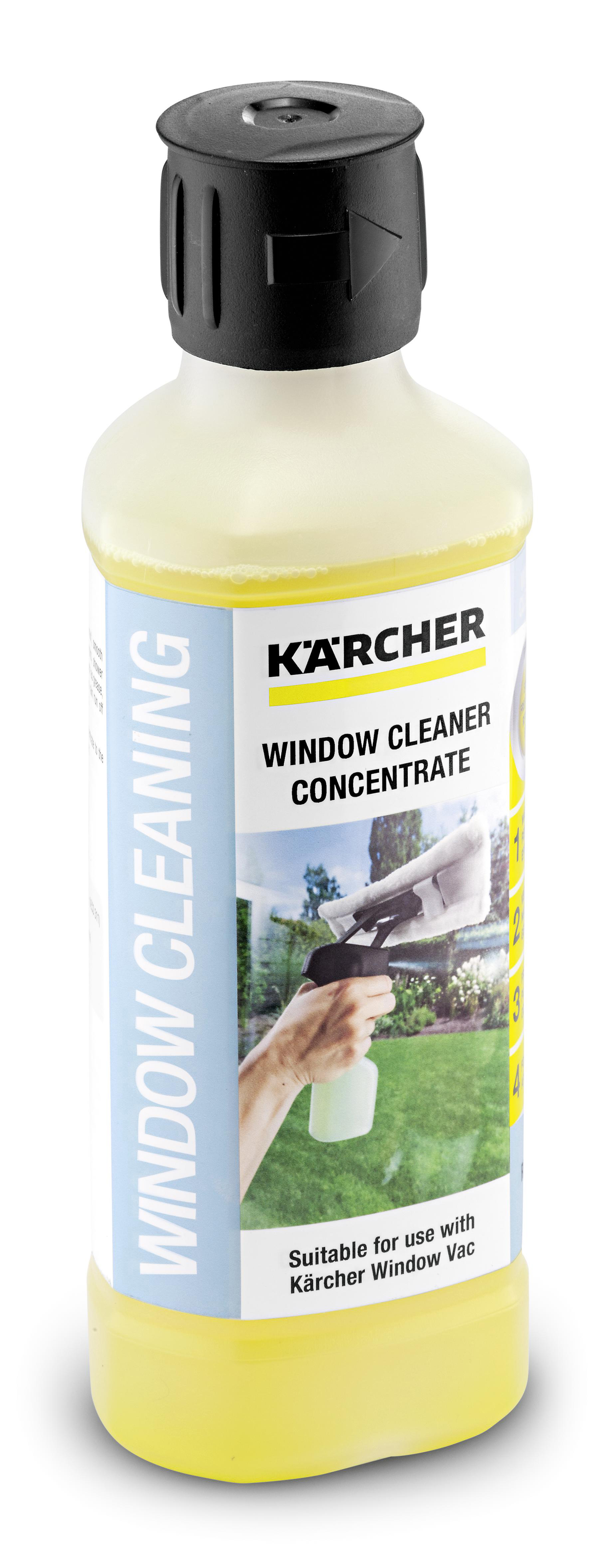 Flacone di concentrato per pulizia vetri Karcher con tappo nero e liquido giallo.