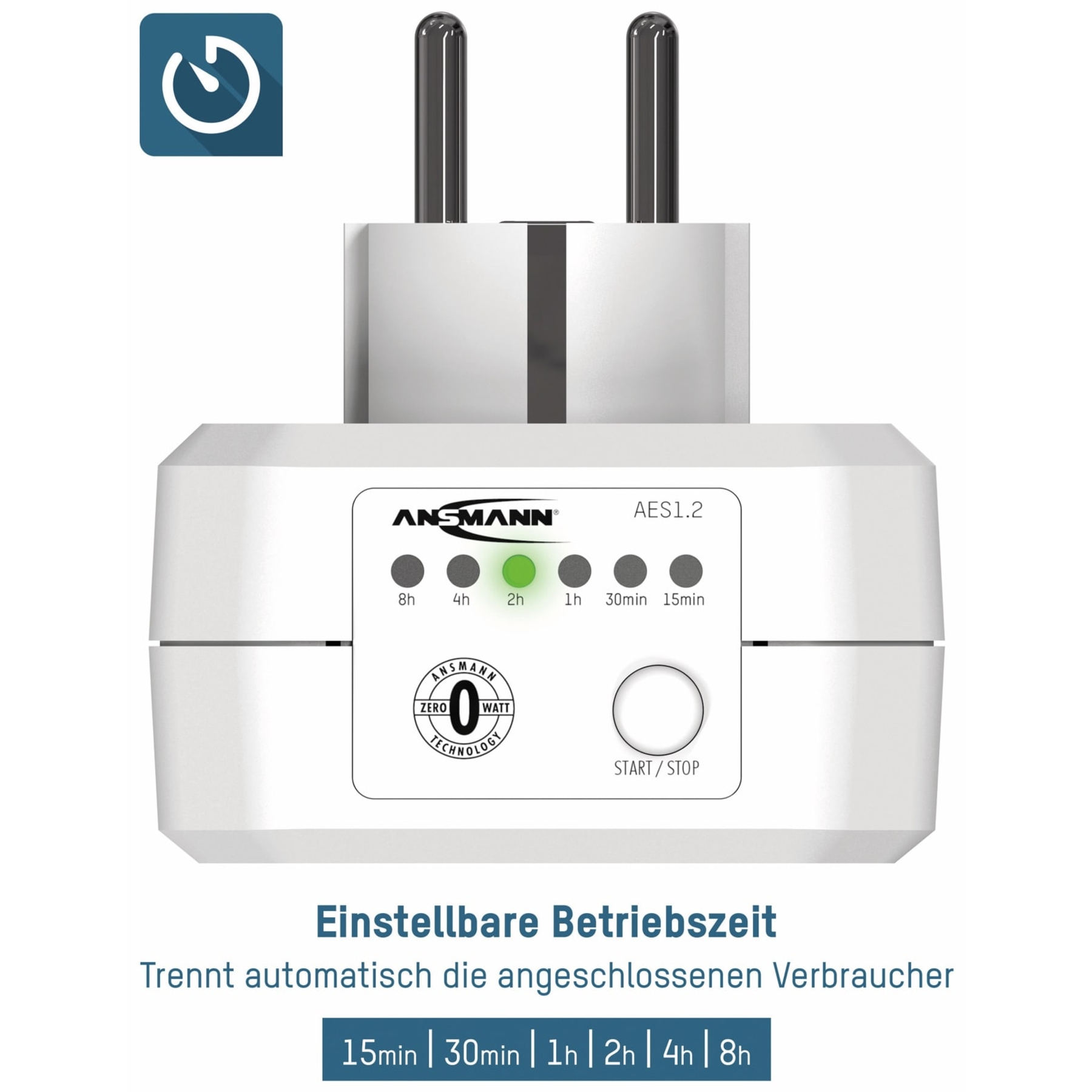 Ein weißer Timer-Stecker mit ANNSMANN Logo und Zeitwahltasten.