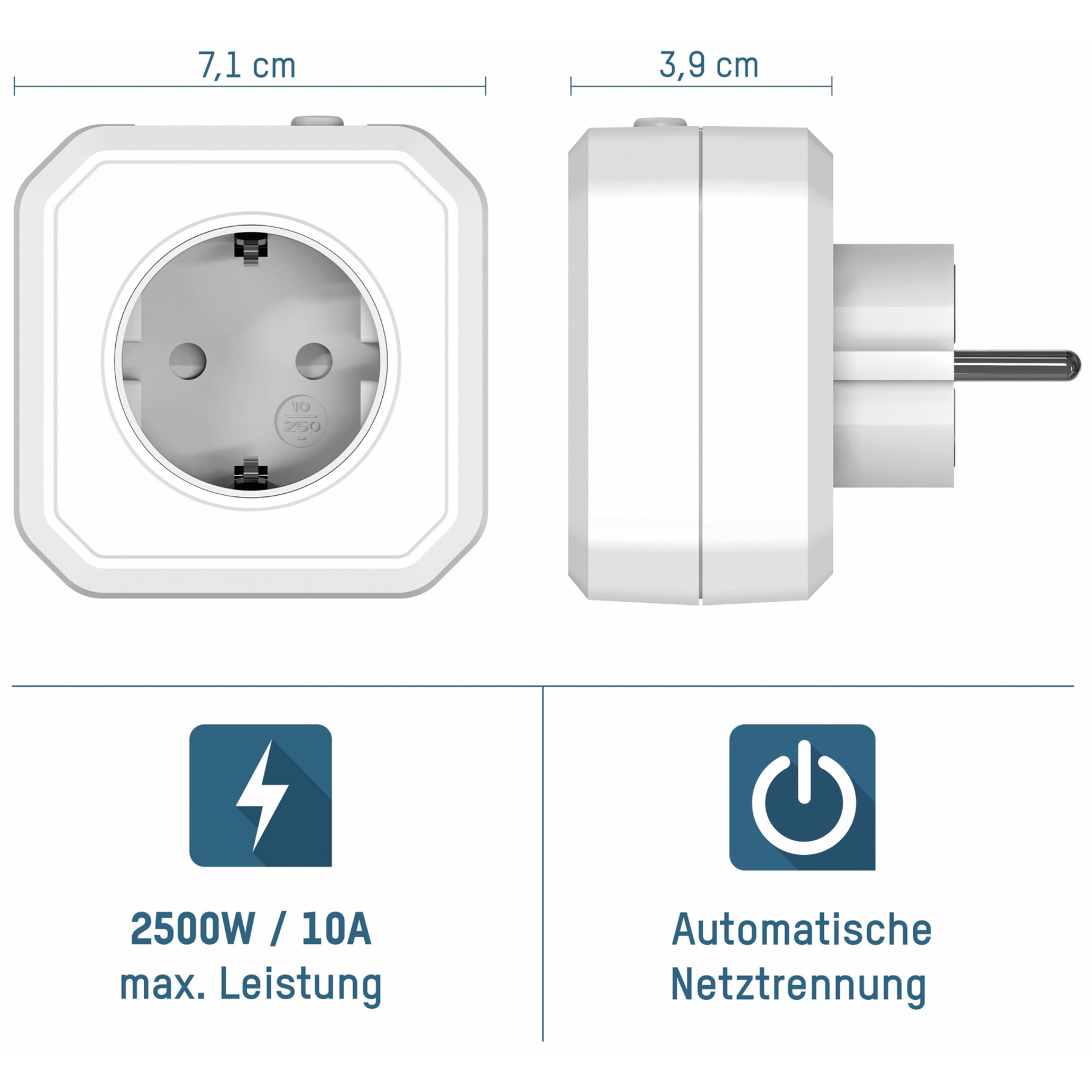 Weißer Steckdosenadapter mit Maßen, Leistung und Symbolen für Strom und Abschaltung.