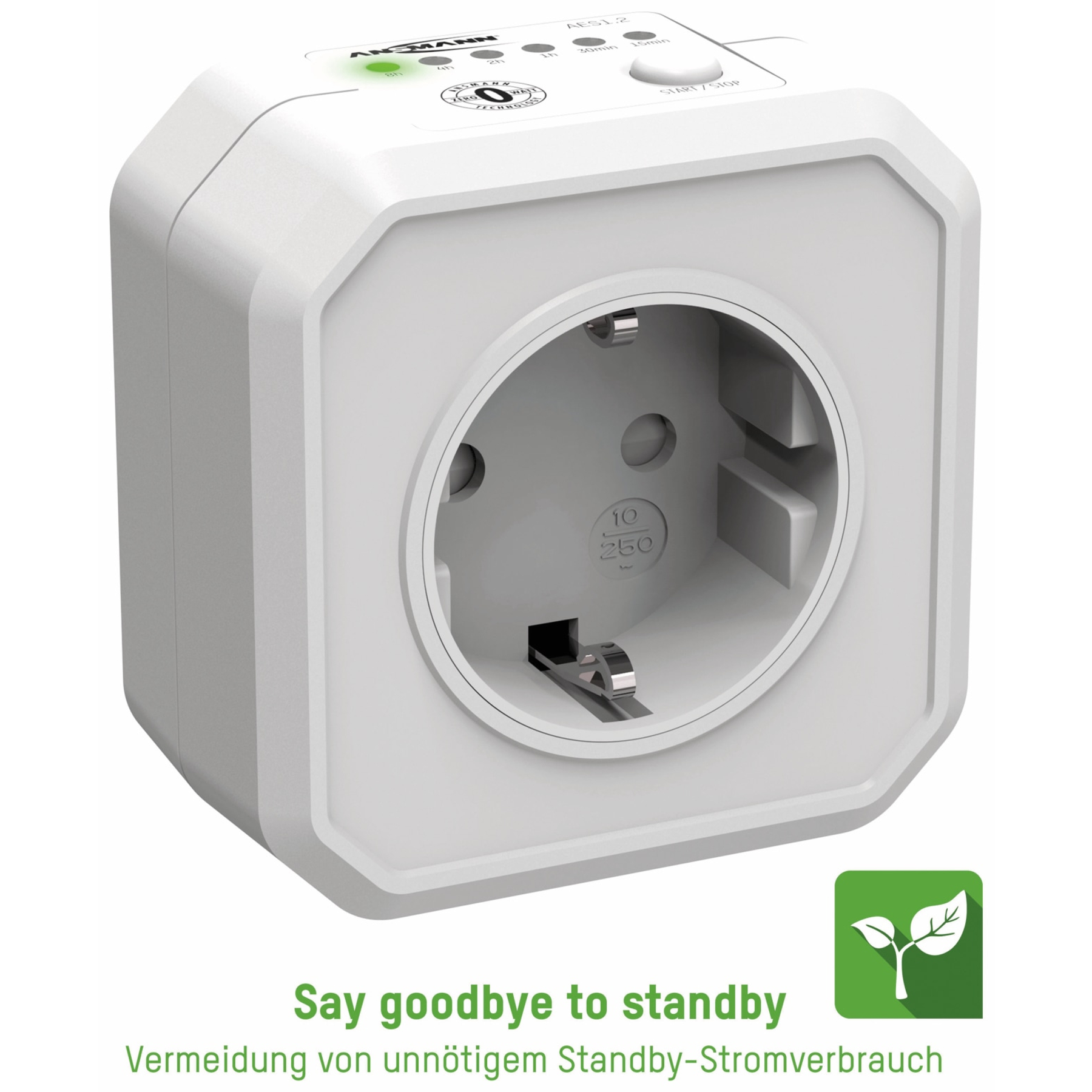 Ein weißer Stromadapter mit Steckdose und Timer-Tasten. Ein grünes Blatt-Symbol unten rechts.