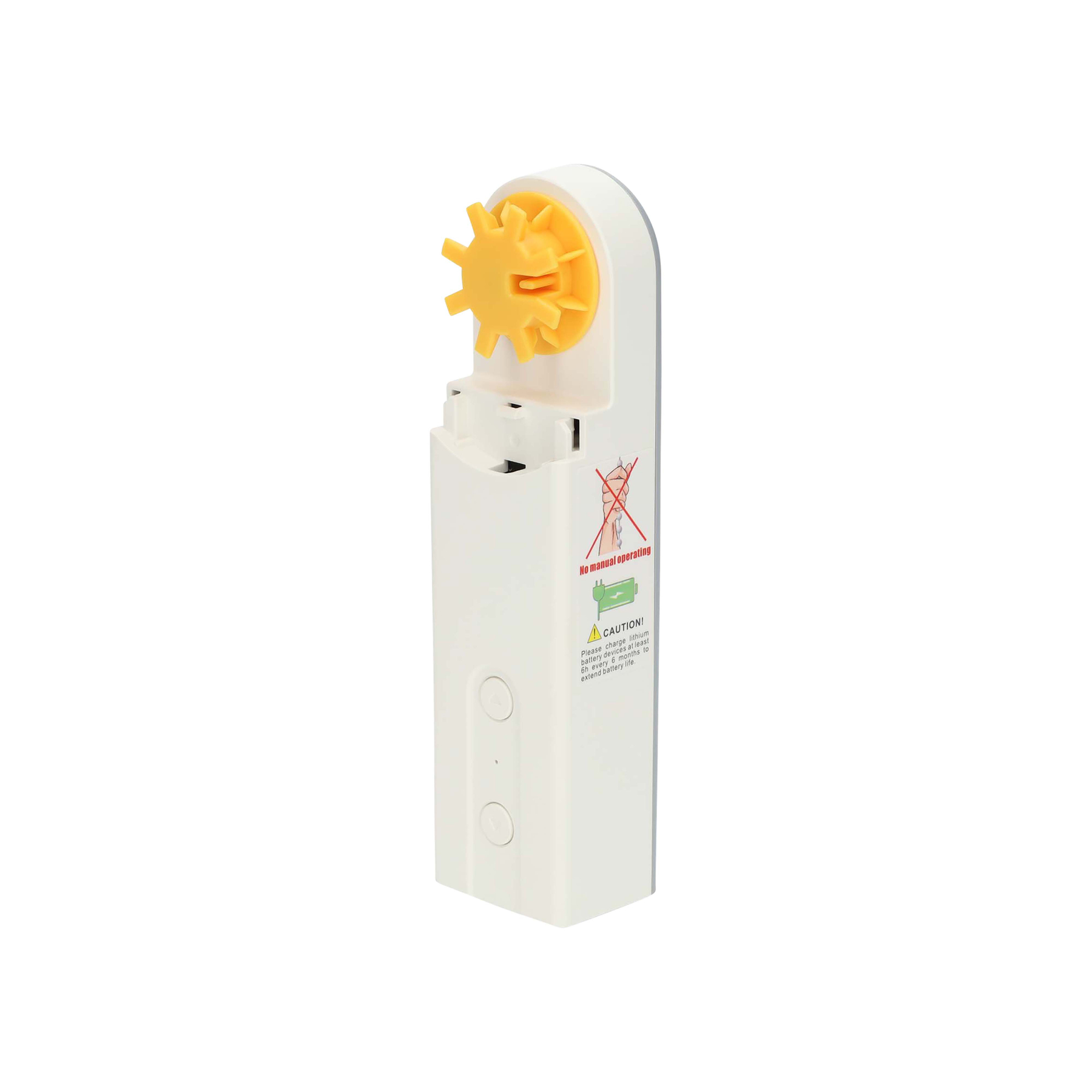 Dispositivo bianco con ingranaggio giallo. Testo di cautela.