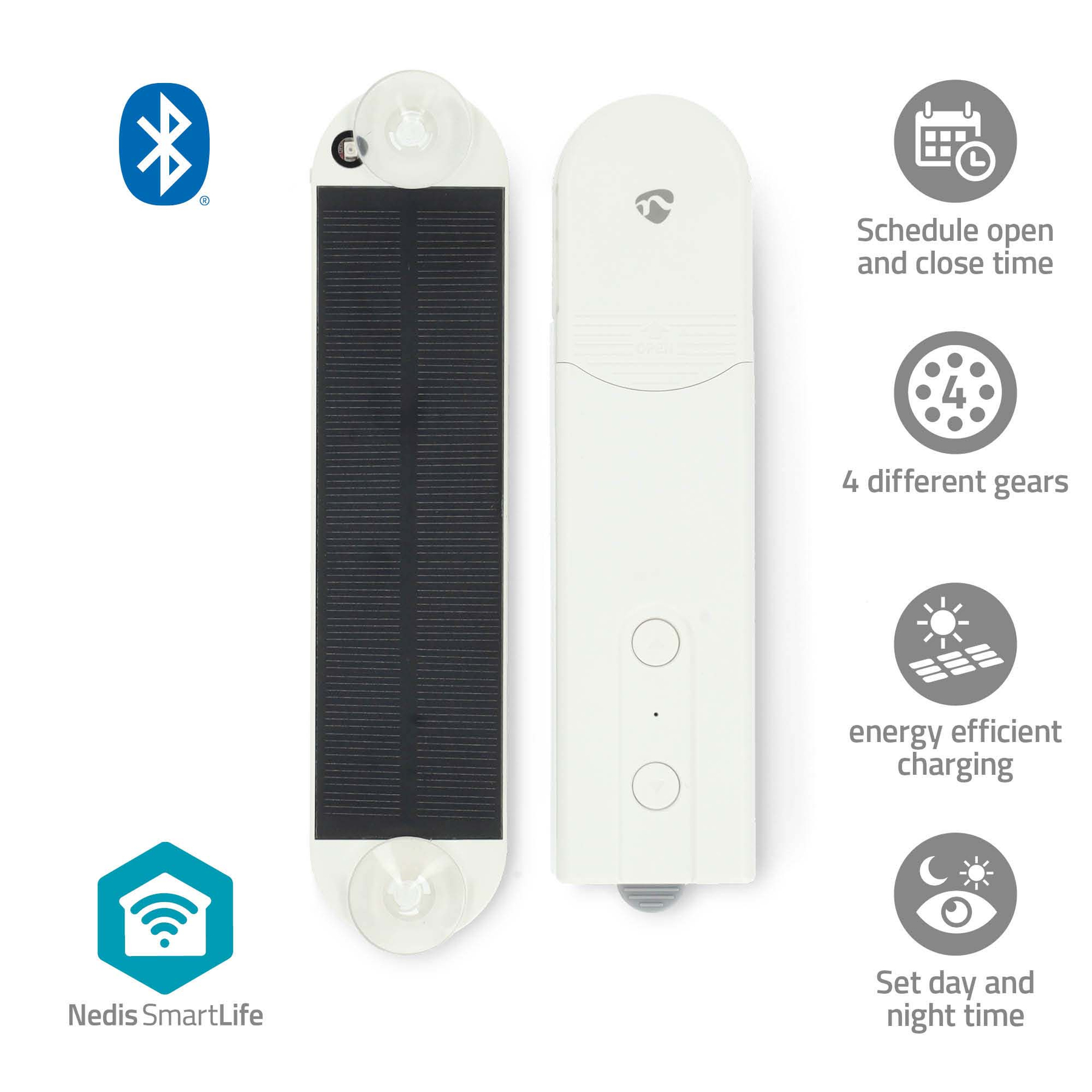 Dispositivi bianchi con pannello solare, simbolo Bluetooth e icone per programmazione, ingranaggi, ricarica, giorno/notte.