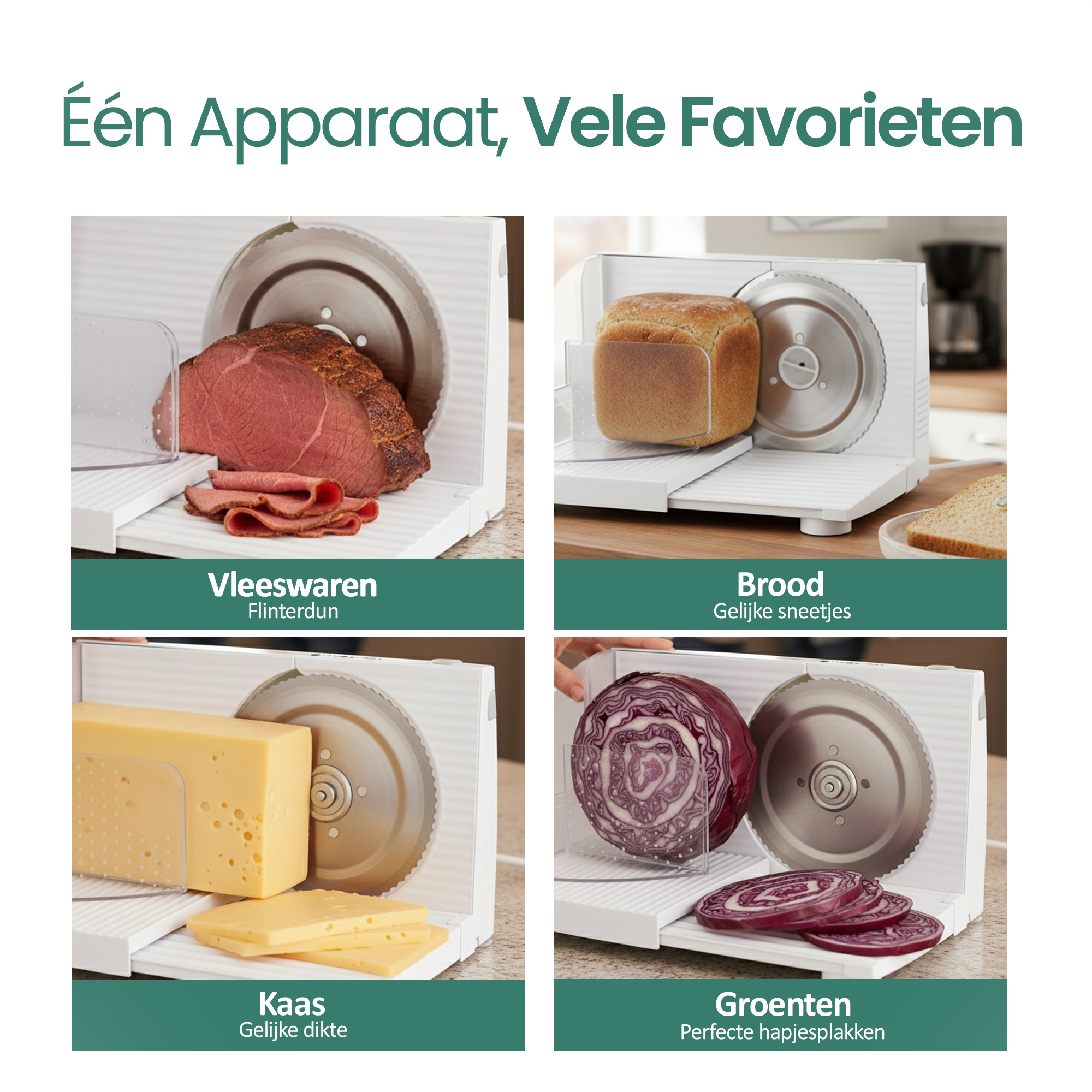 Vlees, brood, kaas en rode kool gesneden met een snijmachine.