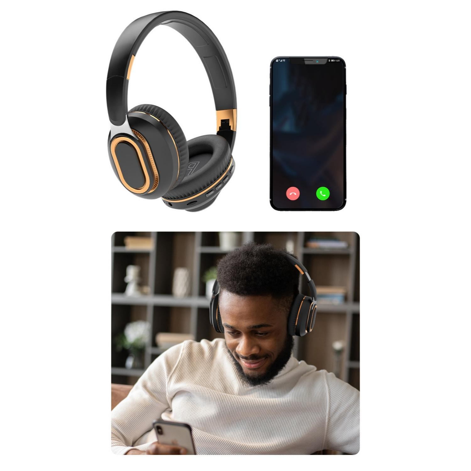 Schwarze Kopfhörer mit goldenen Akzenten neben einem Smartphone mit Anrufbildschirm.