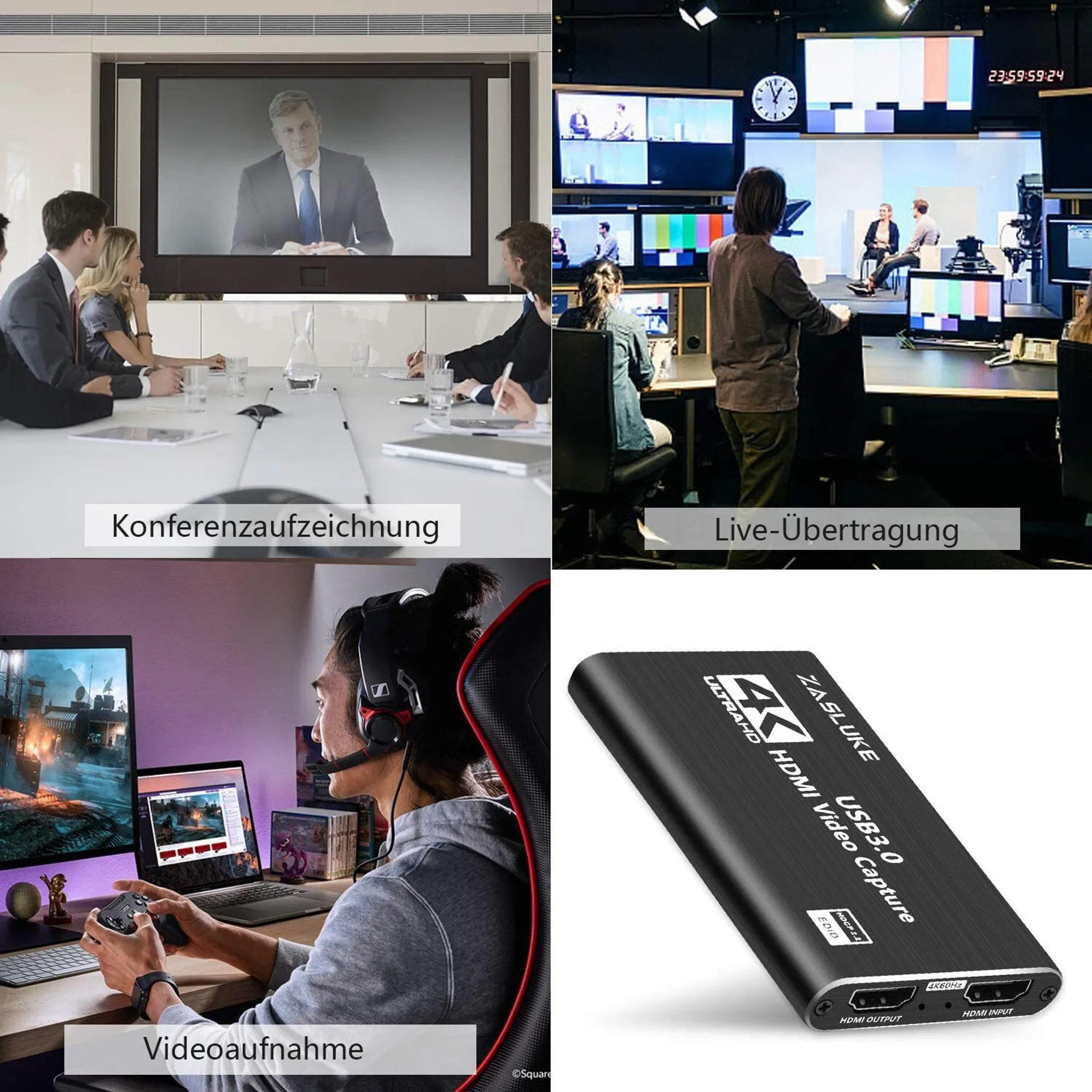 Vier Szenen: Konferenz, Live-Übertragung, Gaming und ein Video-Capture-Gerät.