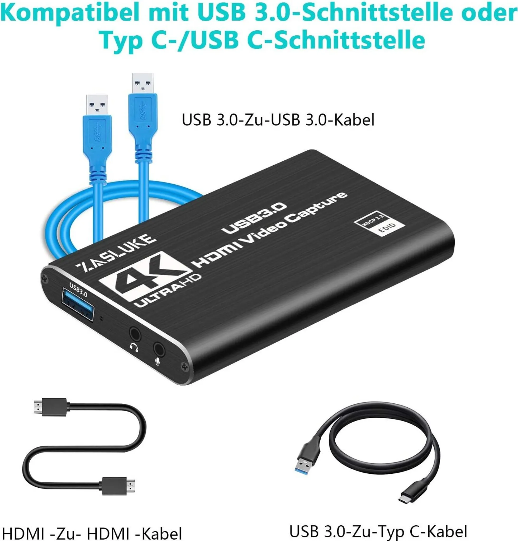 Ein schwarzes Video-Capture-Gerät mit USB 3.0, HDMI und 4K-Ultra-HD-Logo.