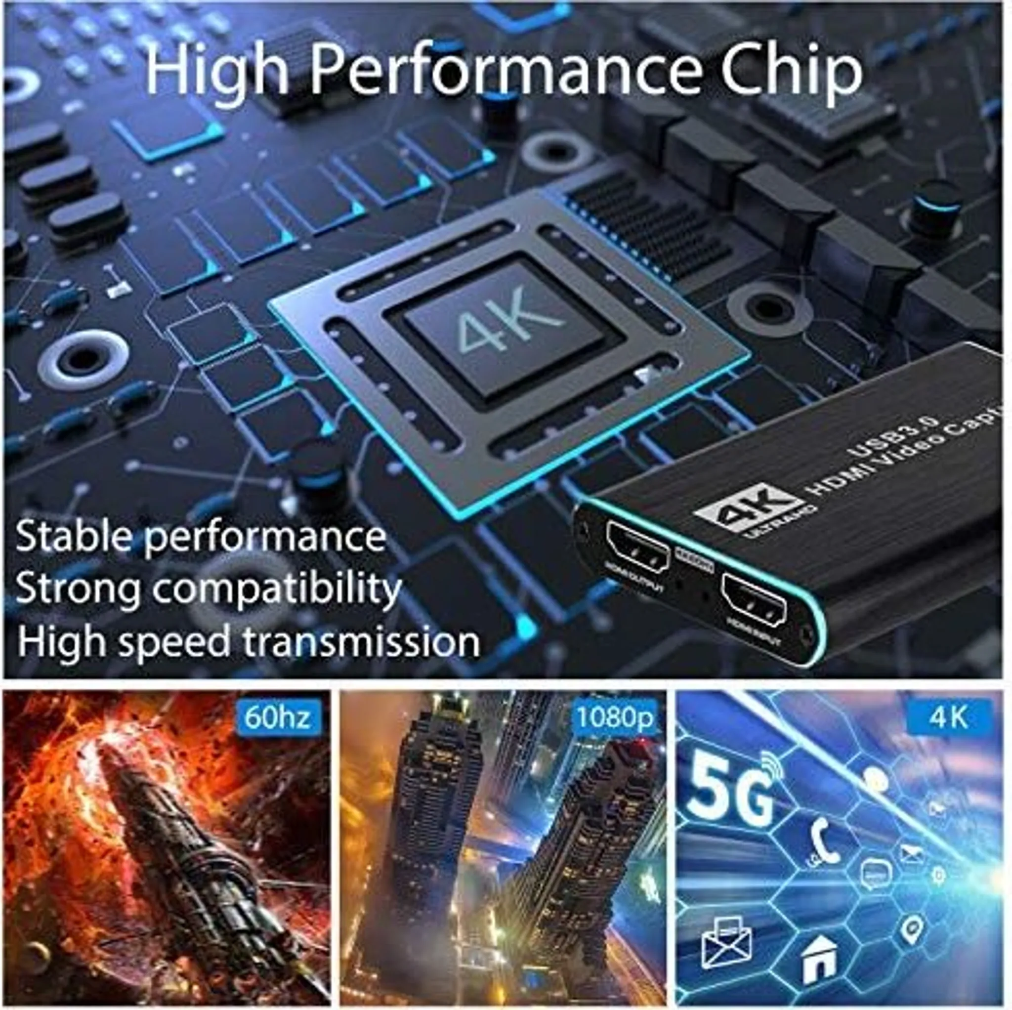 Ein 4K-Chip auf einer Leiterplatte mit einem HDMI-Video-Capture-Gerät und drei Beispielbildern.