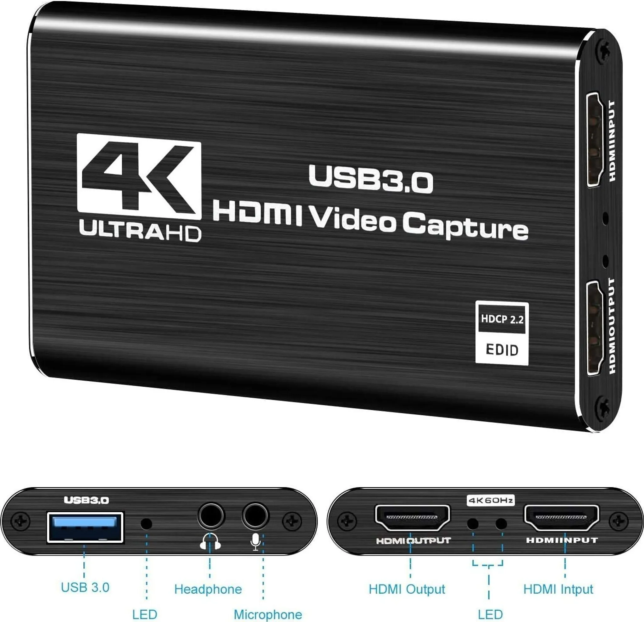 Schwarzer HDMI-Video-Capture-Adapter mit USB 3.0, Ein- und Ausgängen.