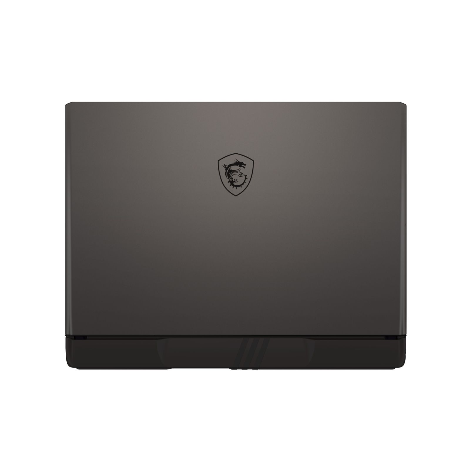 Un ordinateur portable gris foncé fermé avec un logo de dragon MSI noir sur le capot.