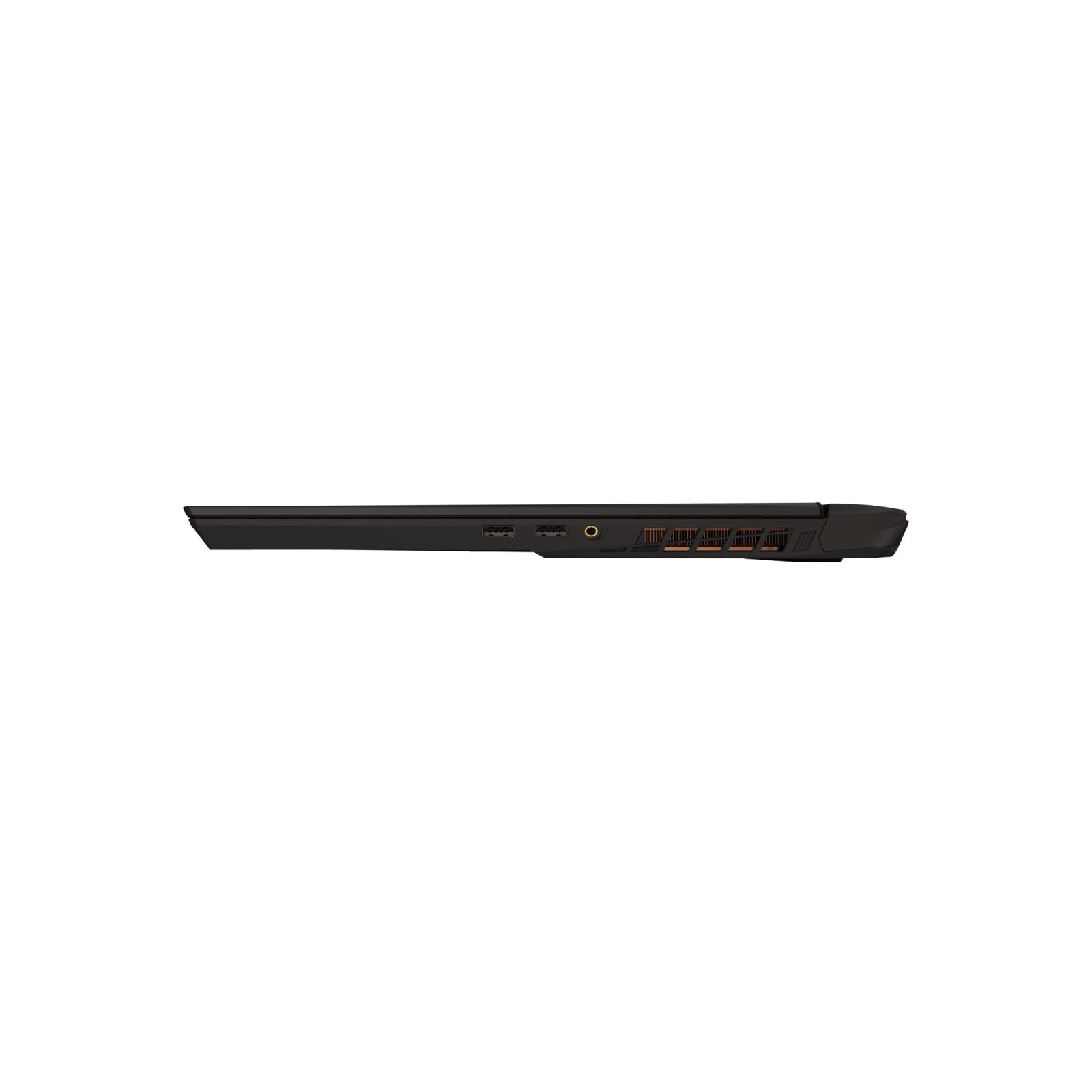 Ordinateur portable noir, vue latérale avec ports et grilles de ventilation.