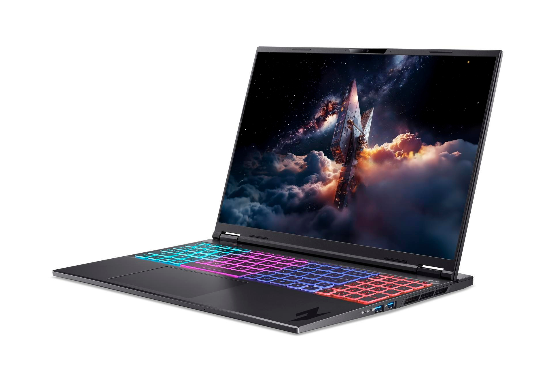 Otwarty czarny laptop z tapetą o tematyce kosmicznej i kolorową podświetlaną klawiaturą.