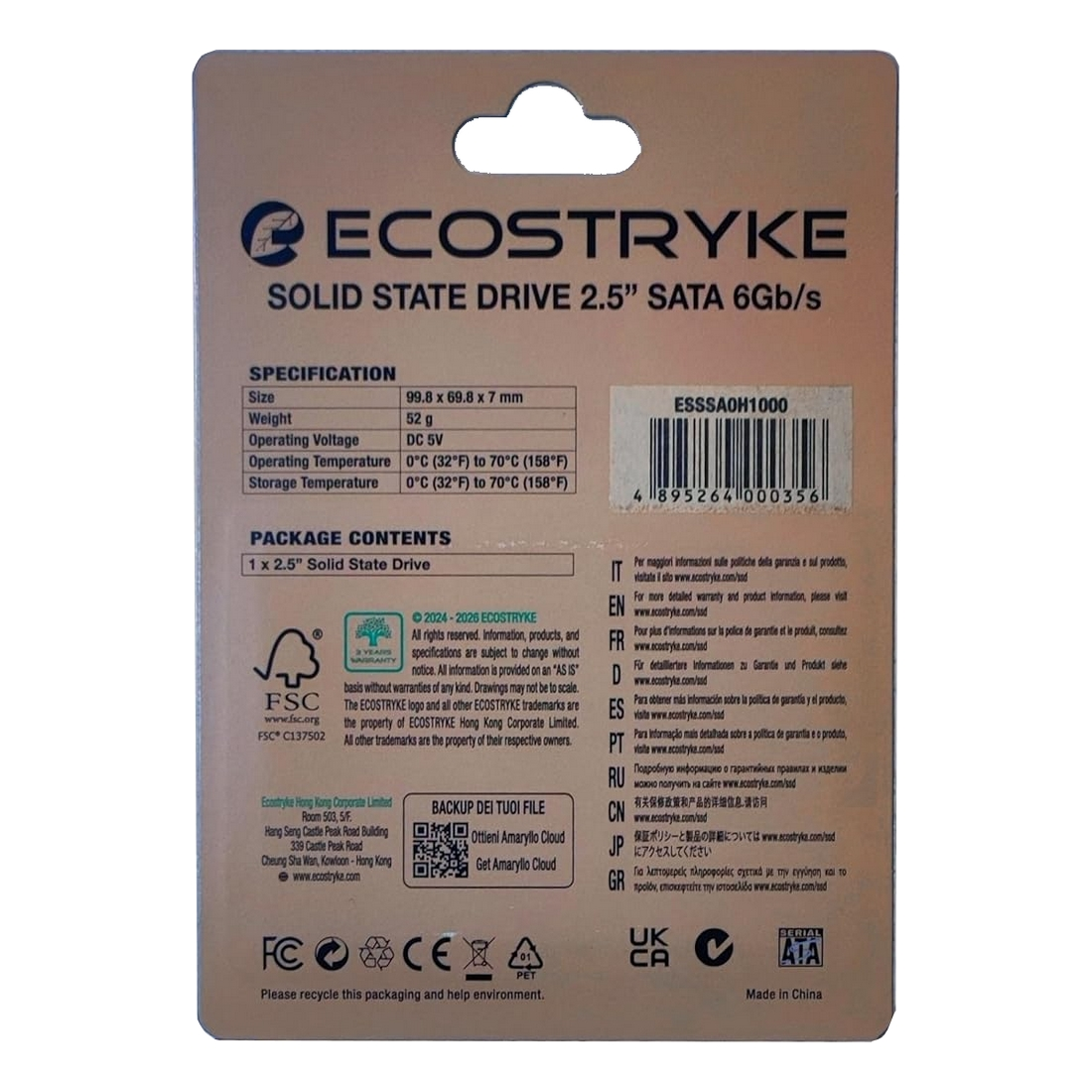 Confezione di un SSD ECOSTRYKE da 2,5 pollici, con specifiche e informazioni multilingue.