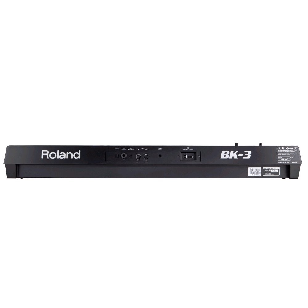 Achterkant van een zwarte Roland BK-3 keyboard met poorten en labels.