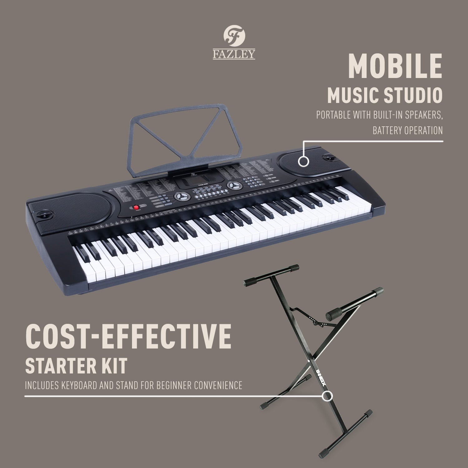 Zwart keyboard met muziekstandaard en een X-standaard ernaast.